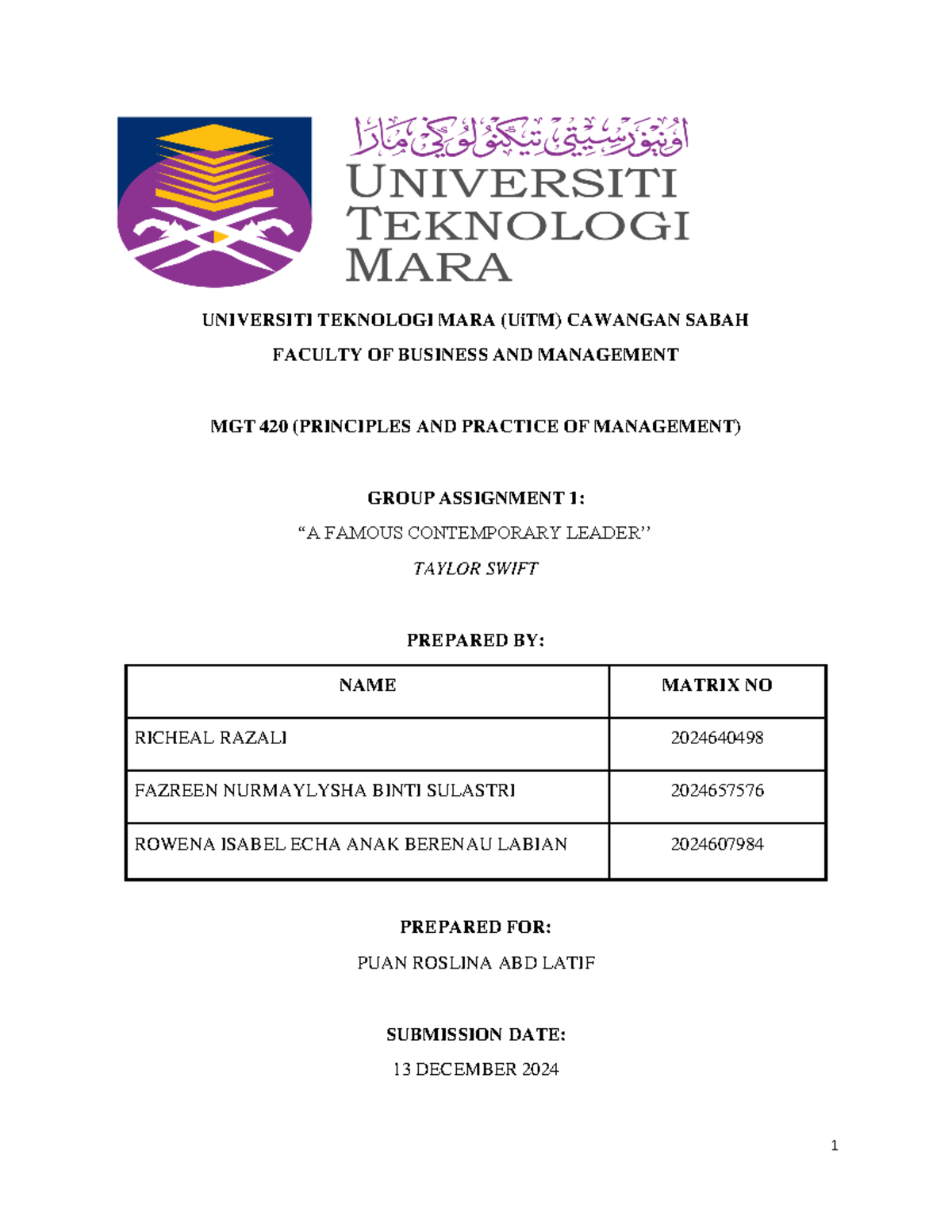 MGT420 Assignment 1 - UNIVERSITI TEKNOLOGI MARA (UiTM) CAWANGAN SABAH ...