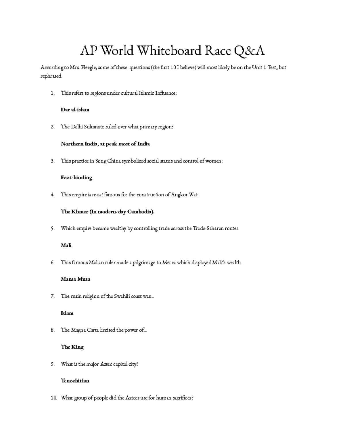 AP World History Unit 1 Test Prep: Whiteboard Race Q&A - Studocu