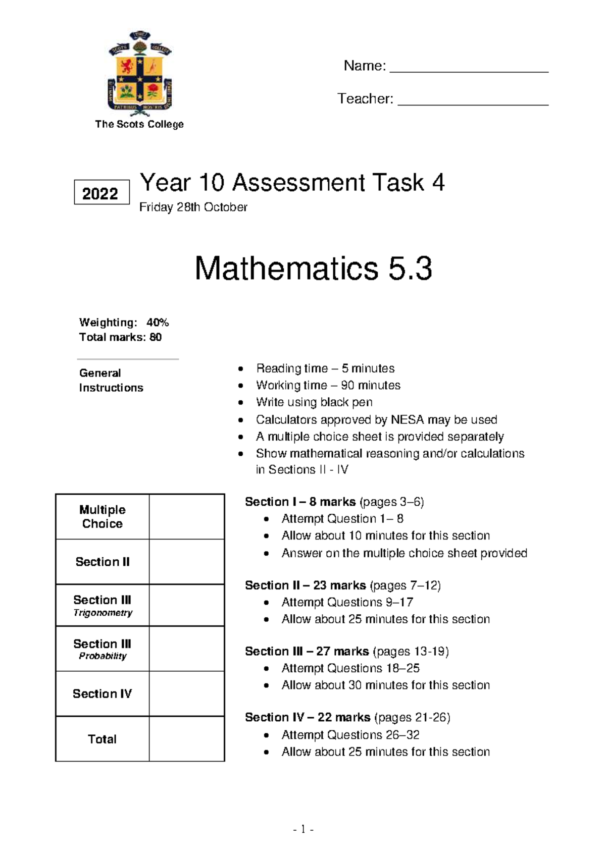 Yr10 Mathematics 5.3 Assessment Task 4 - October 2022 - Studocu
