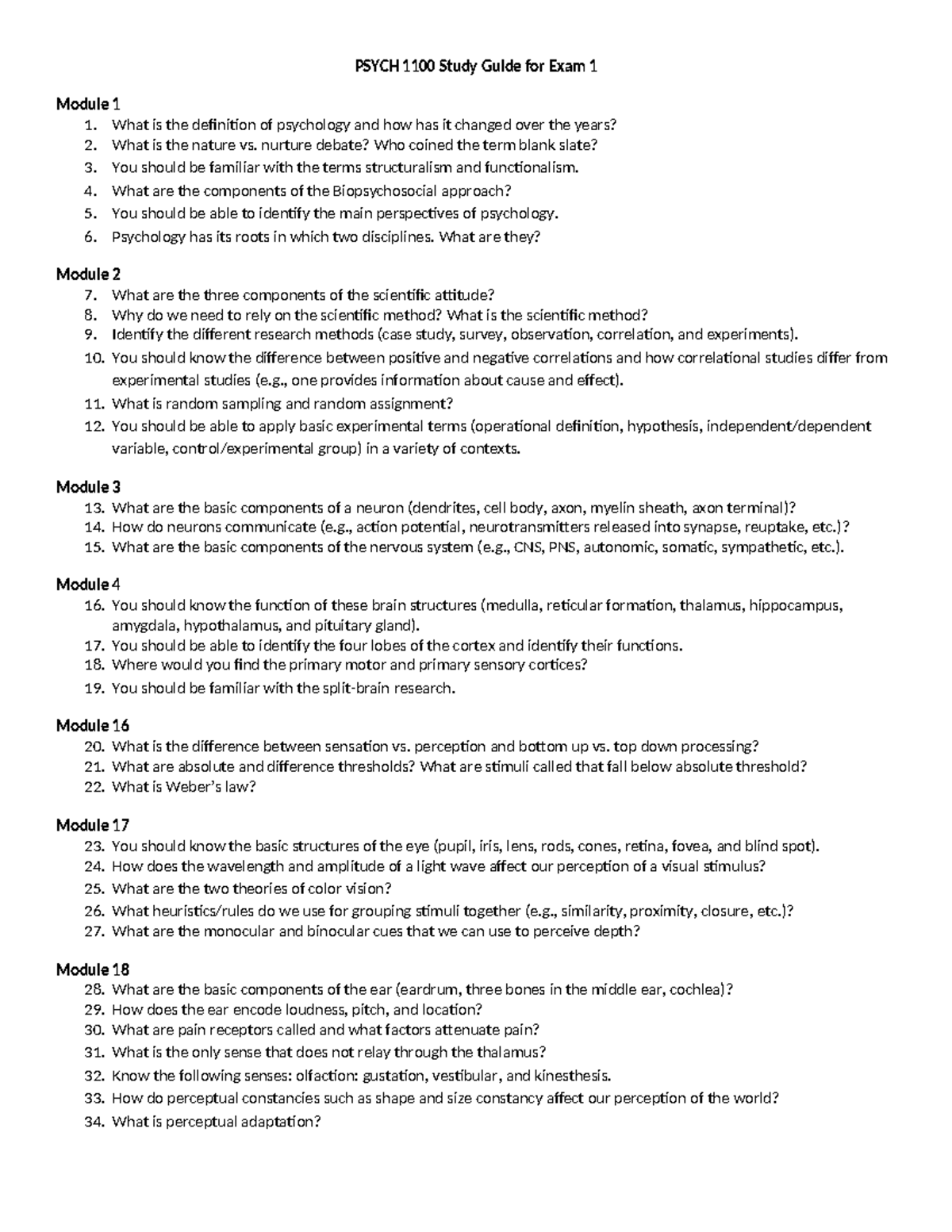PSYCH 1100 Final Exam Study Guide: Key Concepts & Modules - Studocu