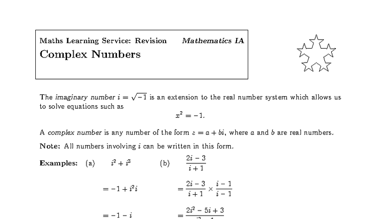 Complex Numbers Revision: Mathematics IA Study Guide - Studocu