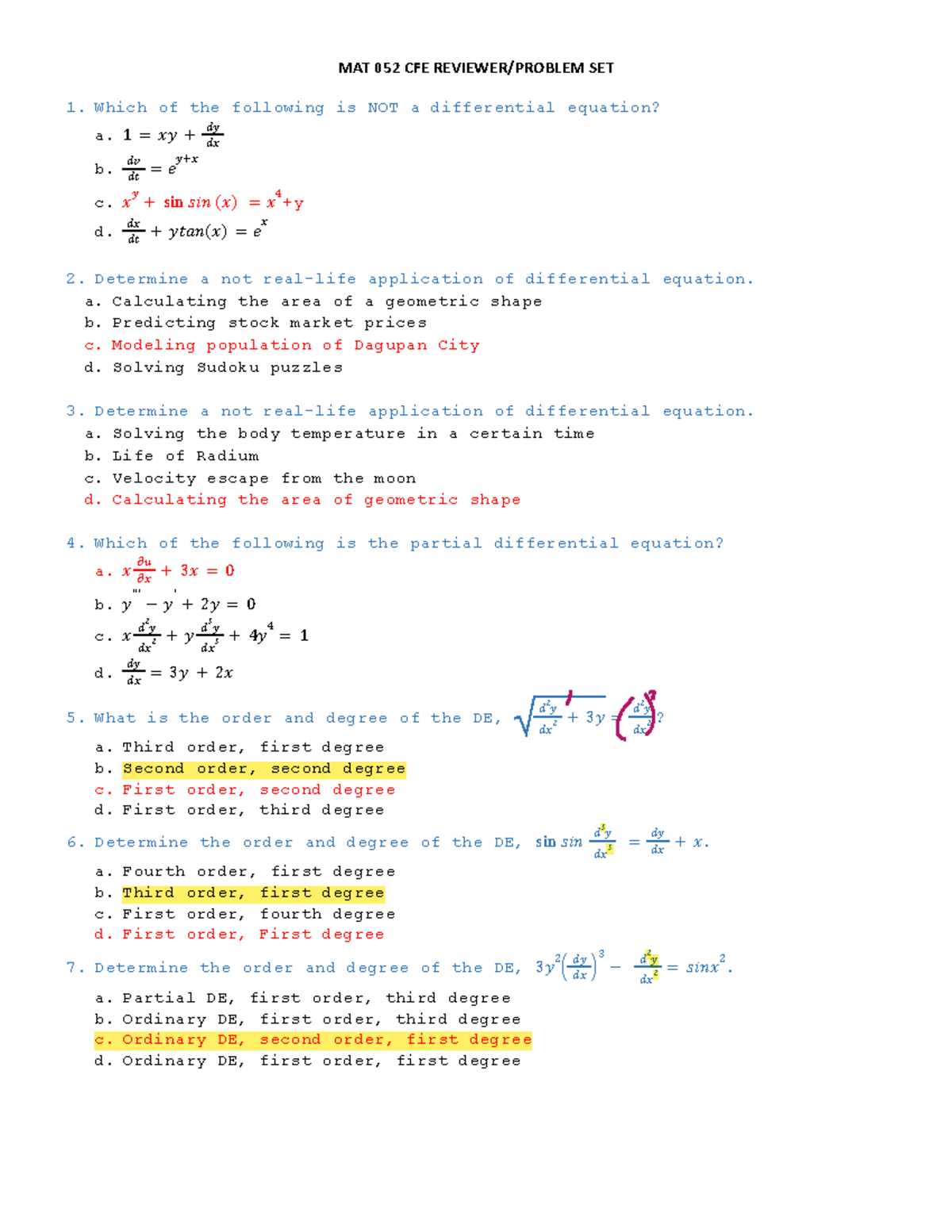 MAT 052 CFE SET 1: Differential Equations and Applications - Studocu