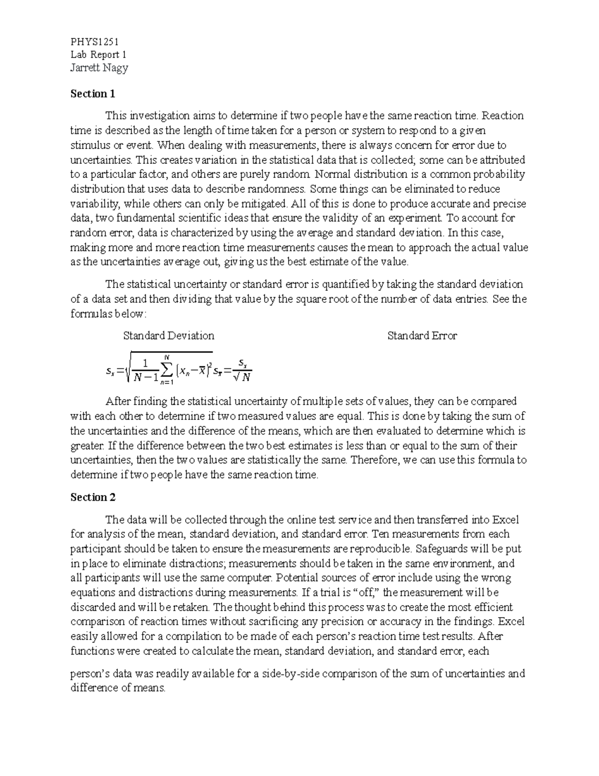 PHYS1251 Lab Report 1: Analyzing Reaction Times and Statistical ...