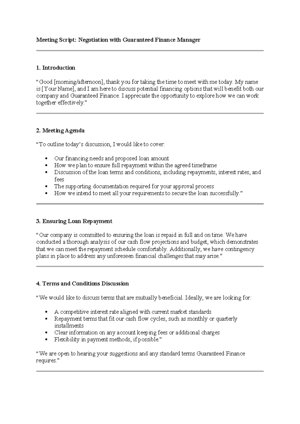 Meeting Script: Negotiation with Guaranteed Finance Manager - Axcadekic ...