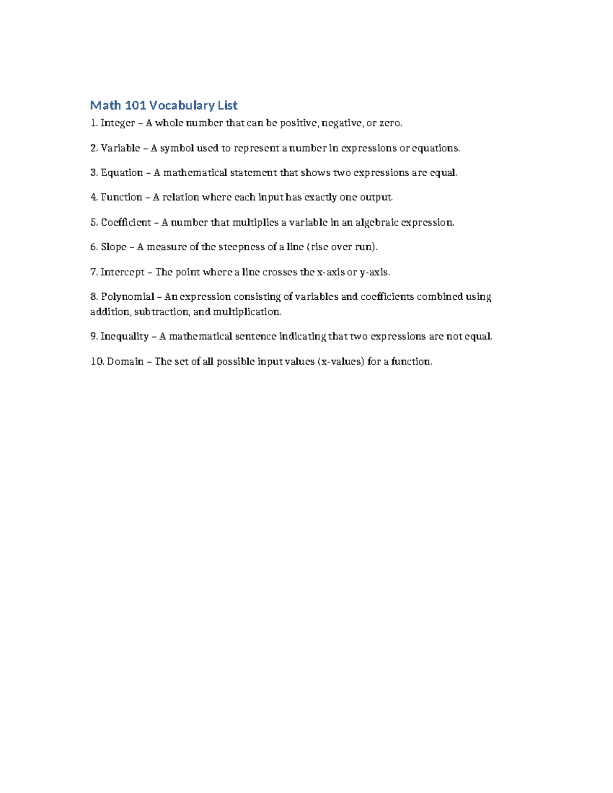 Math 101 Vocabulary List 1: Key Terms and Definitions - Studocu