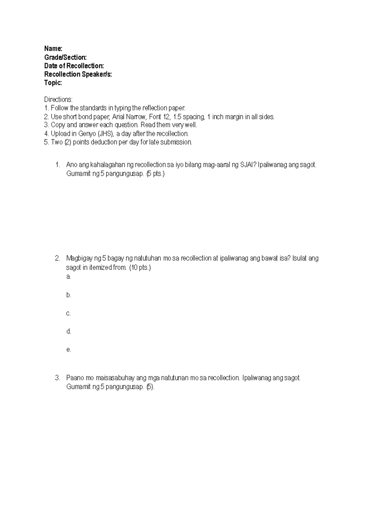 Recollection-form-JHS - Name: Grade/Section: Date of Recollection ...