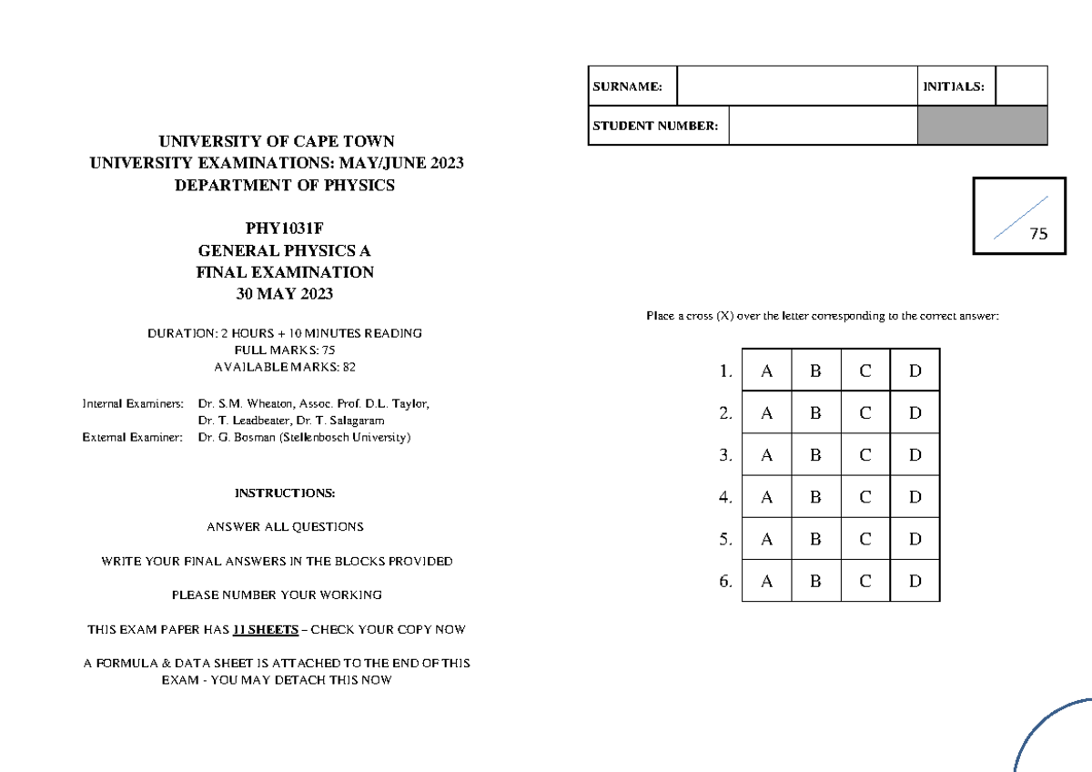 PHY1031 F General Physics A Final Exam - May 30, 2023 - Studocu