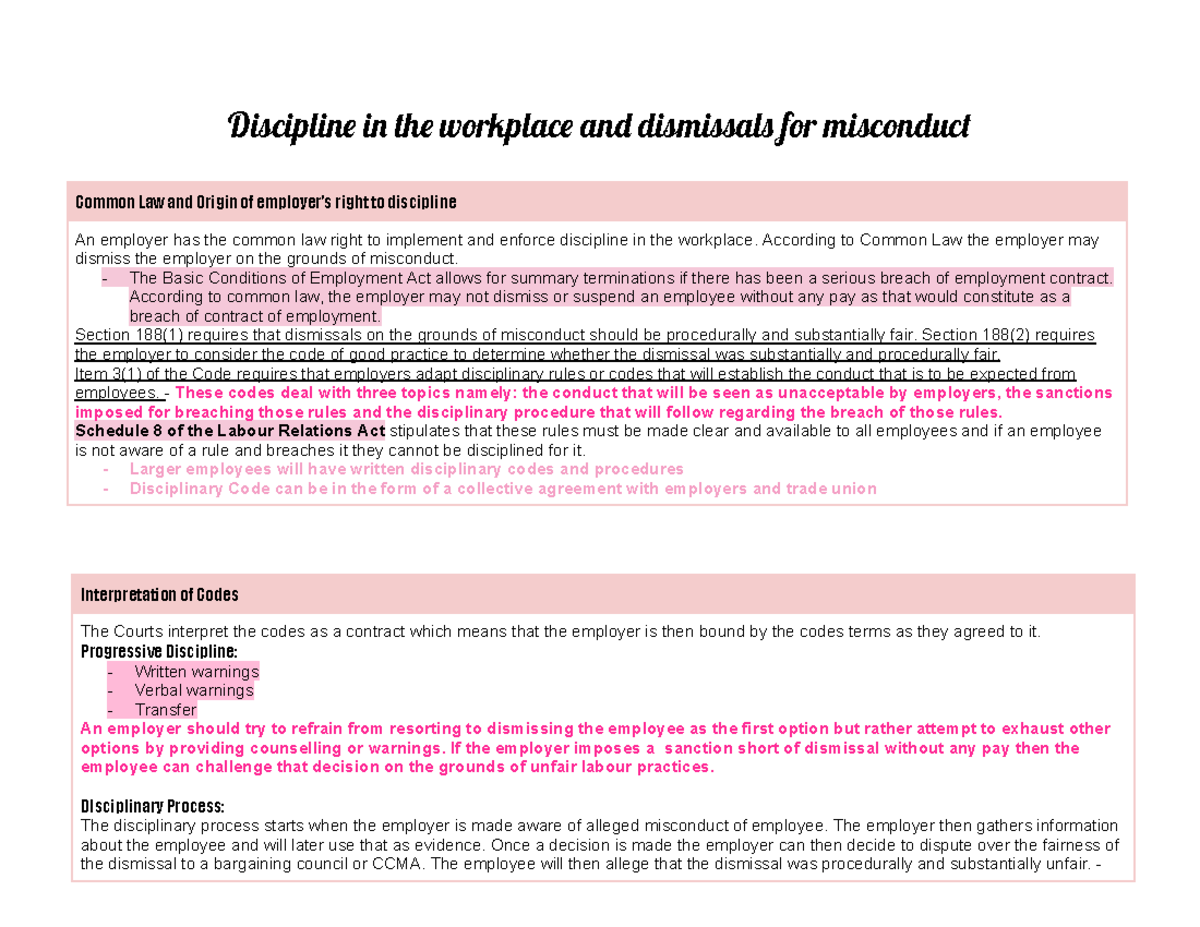Labour Law Summaries: Discipline & Dismissals for Misconduct - Studocu