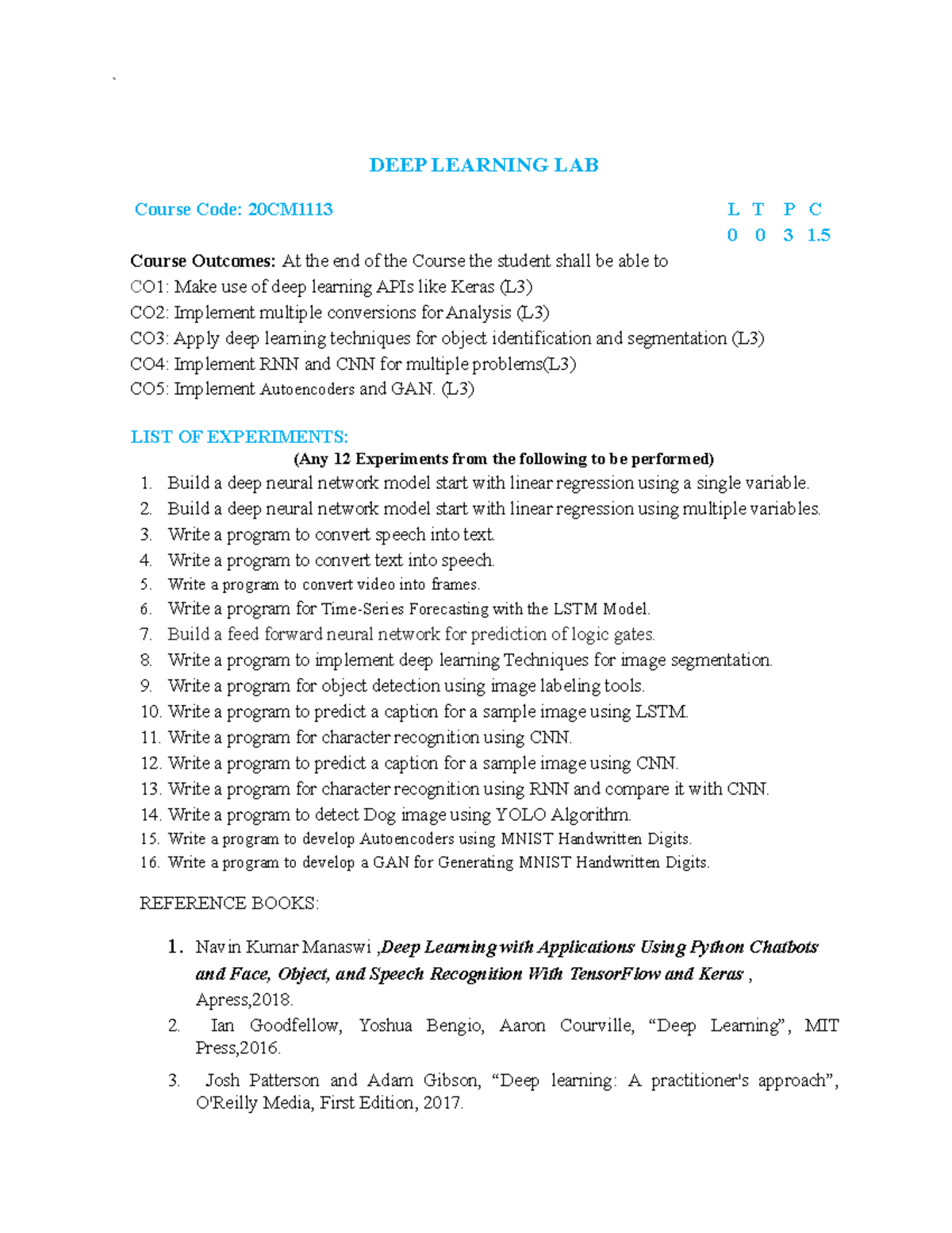 20CM1113 - Deep Learning Lab: Experiments and Course Outcomes - Studocu