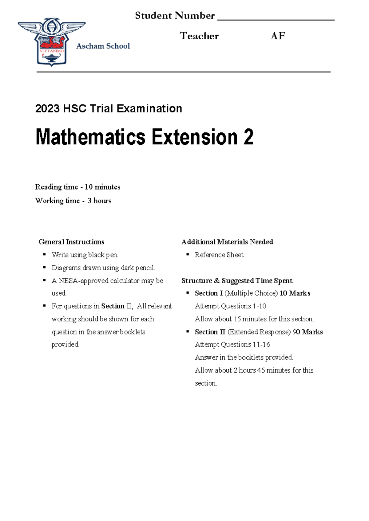 2023 HSC Mathematics Ext 2 Trial Exam - Questions 1-15 - Studocu