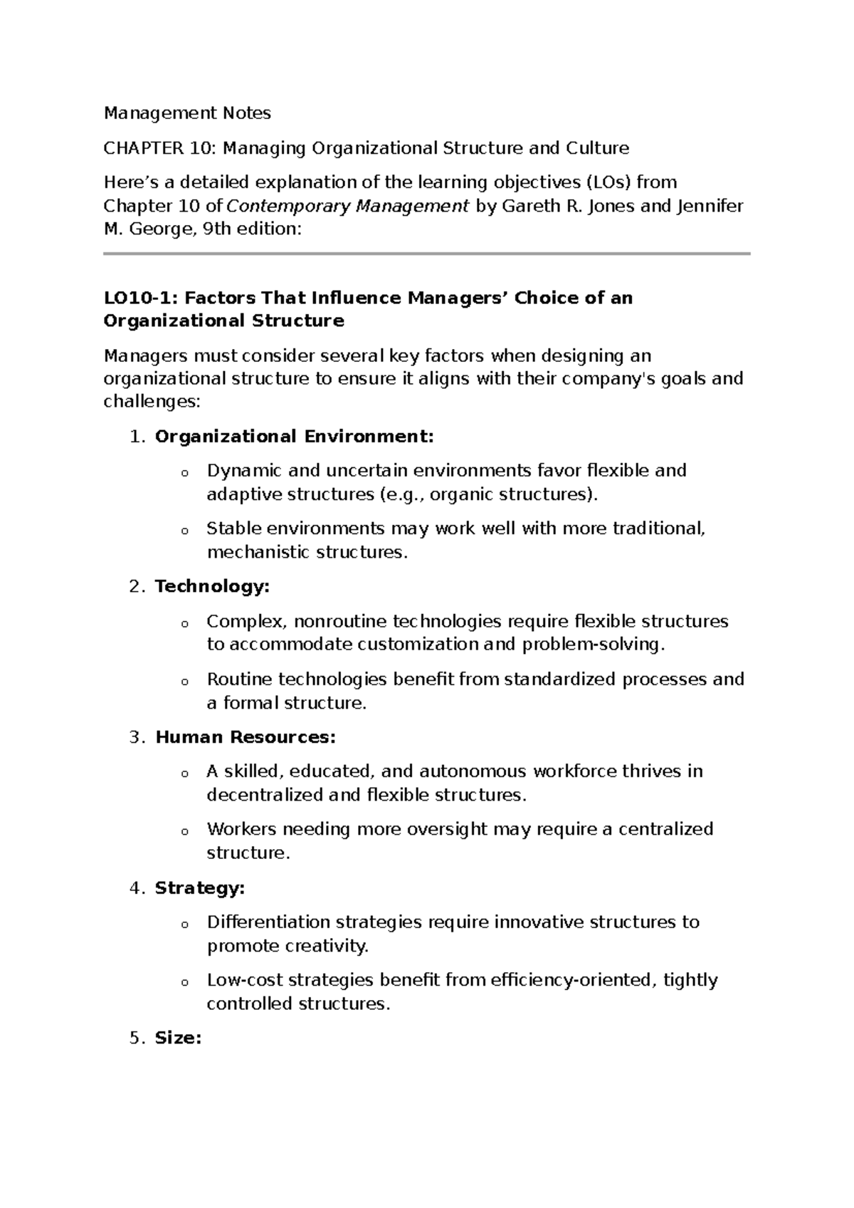 Management Notes - Management Notes CHAPTER 10: Managing Organizational ...
