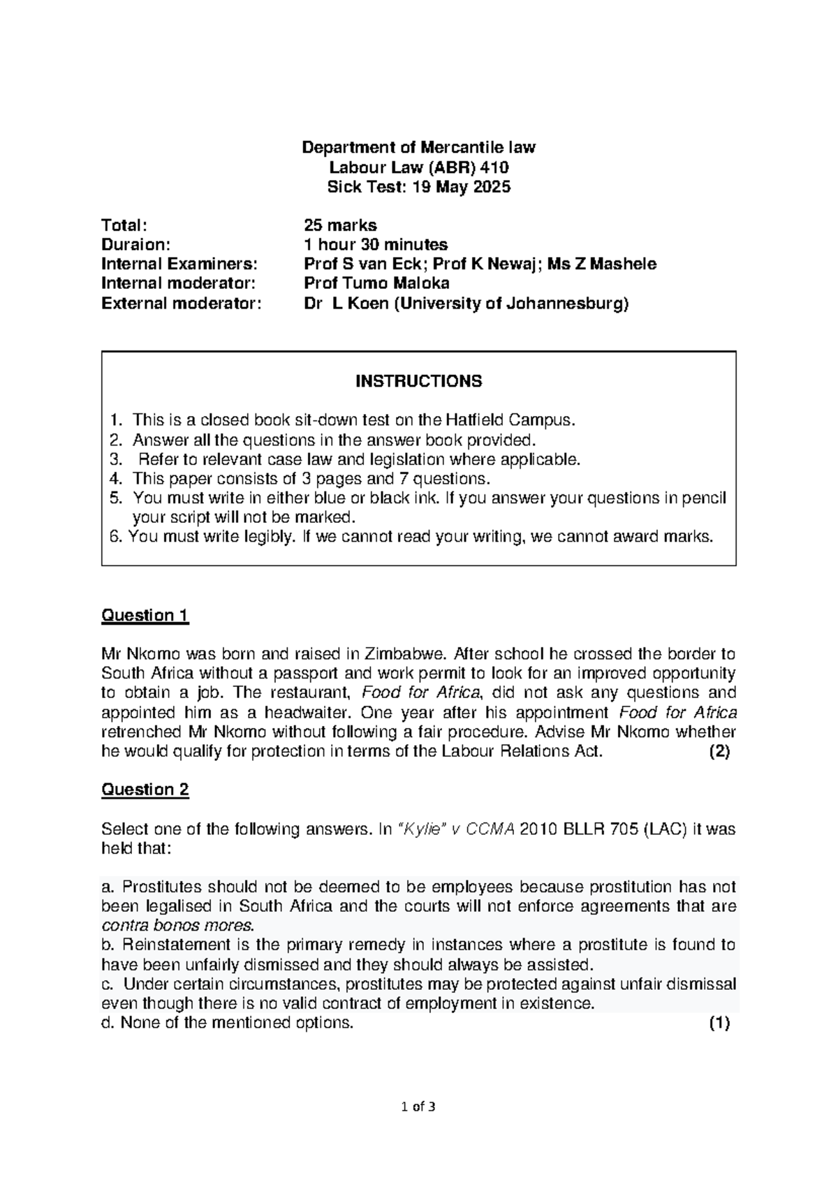ABR 410 Labour Law Sick Test: 19 May 2025 with Memo - Studocu