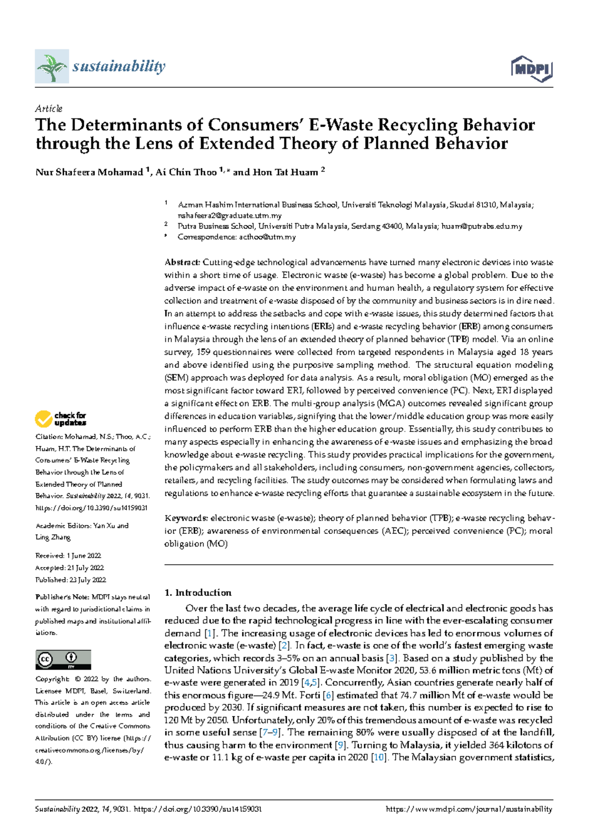 Sustainability 14: The Determinants of Recycling Behavior in Malaysia ...