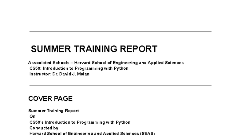 CS50: Summer Training Report on Python Programming at Harvard - Studocu