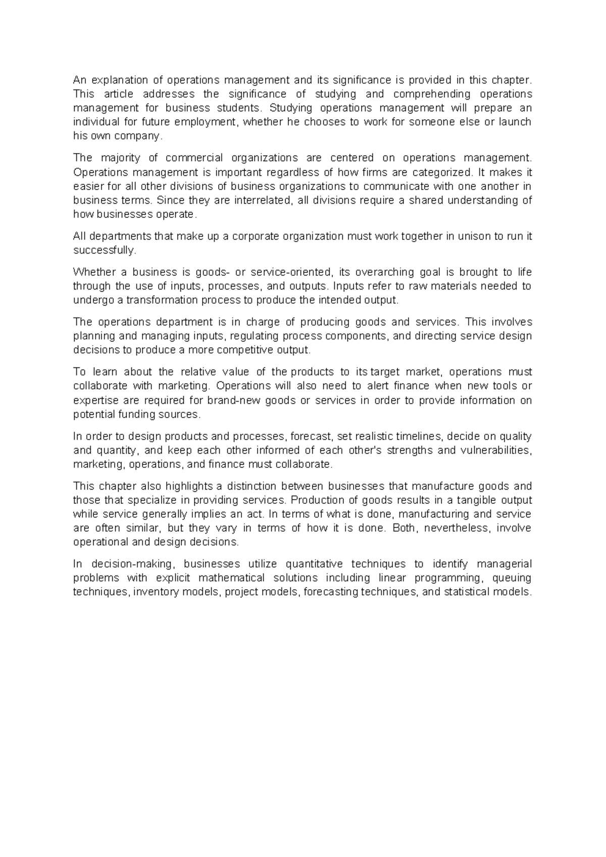 Chapter 1 Summary - Operations Management Insights & Importance - Studocu