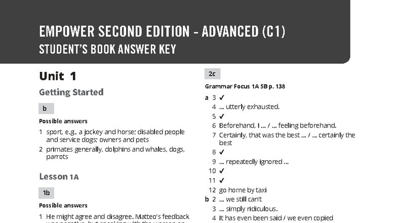 Students Book Answer Key: EMPOWER C1 Advanced (2nd Ed.) Unit 1-4 - Studocu