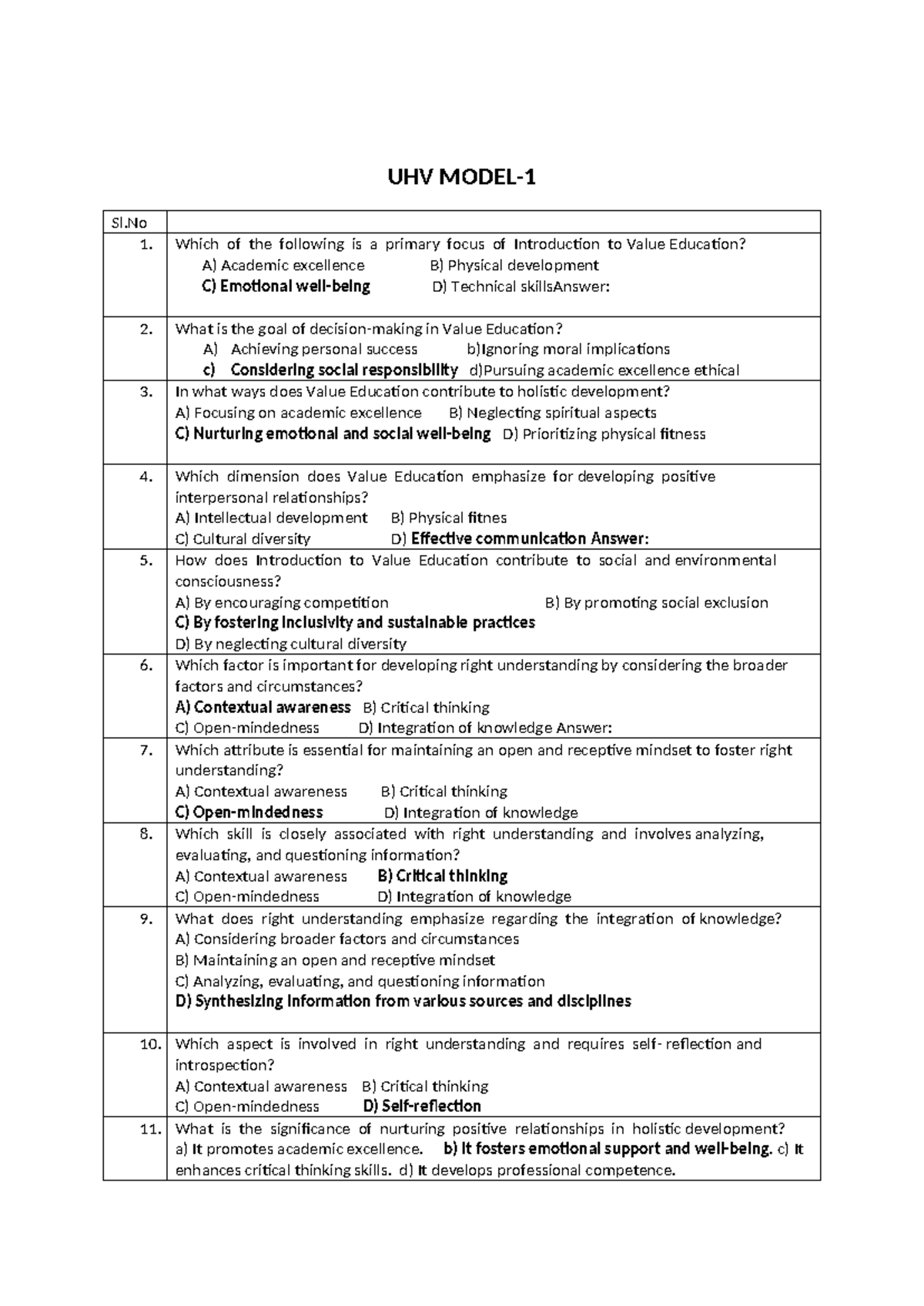 UHV MCQ - notes - UHV MODEL- Sl 1. Which of the following is a primary ...