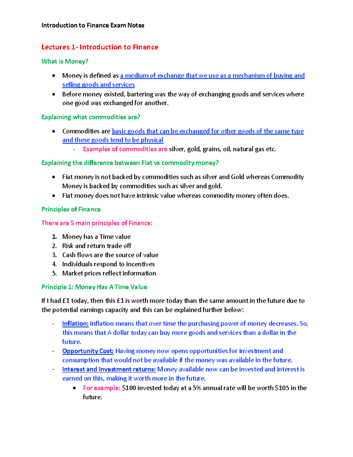 Introduction to Finance Exam Notes - Key Concepts and Principles - Studocu
