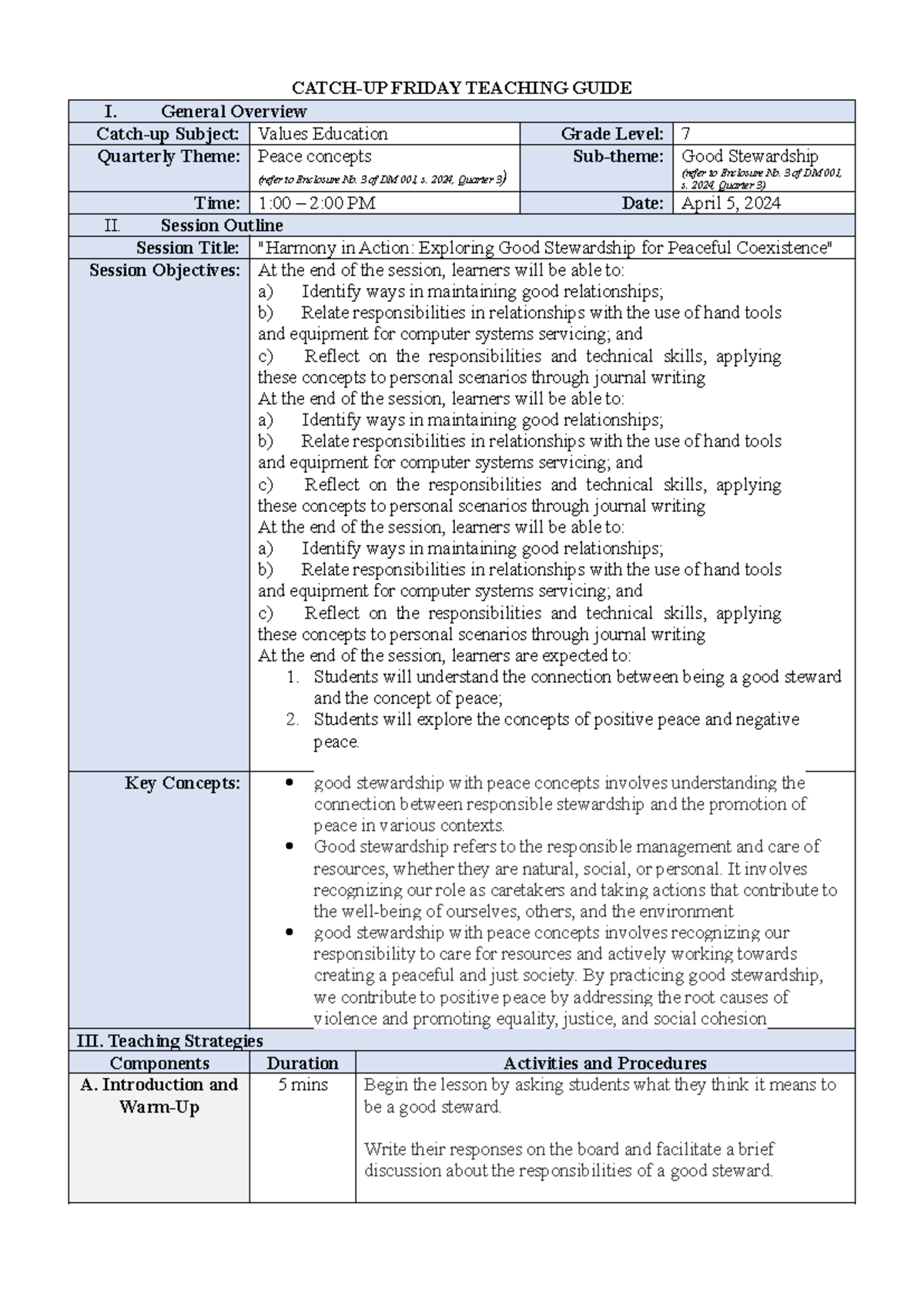 Peace Concepts in Values Education - Grade 7 Teaching Guide (Ed-7 ...