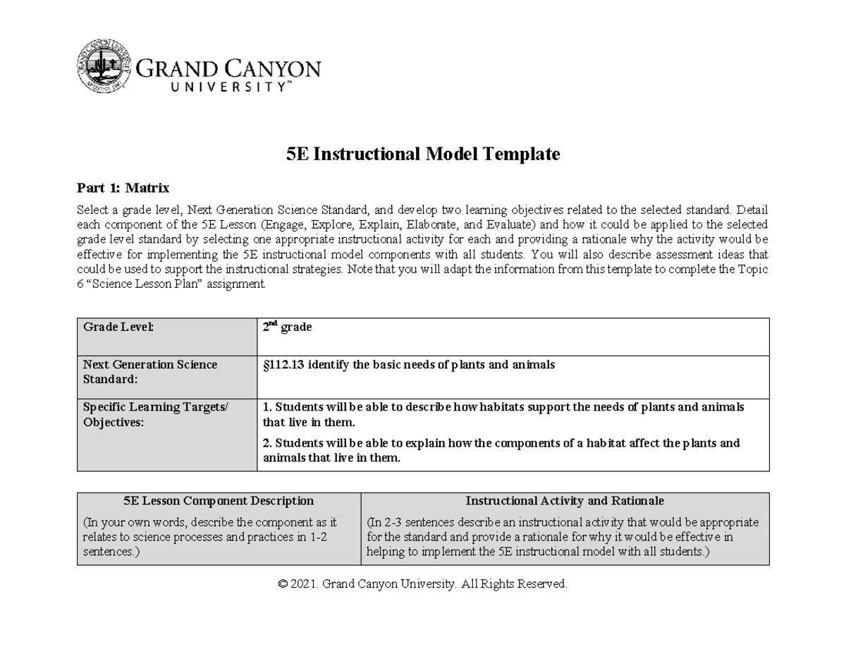 ELM 361: 5E Instructional Model Template for 2nd Grade Science - Studocu