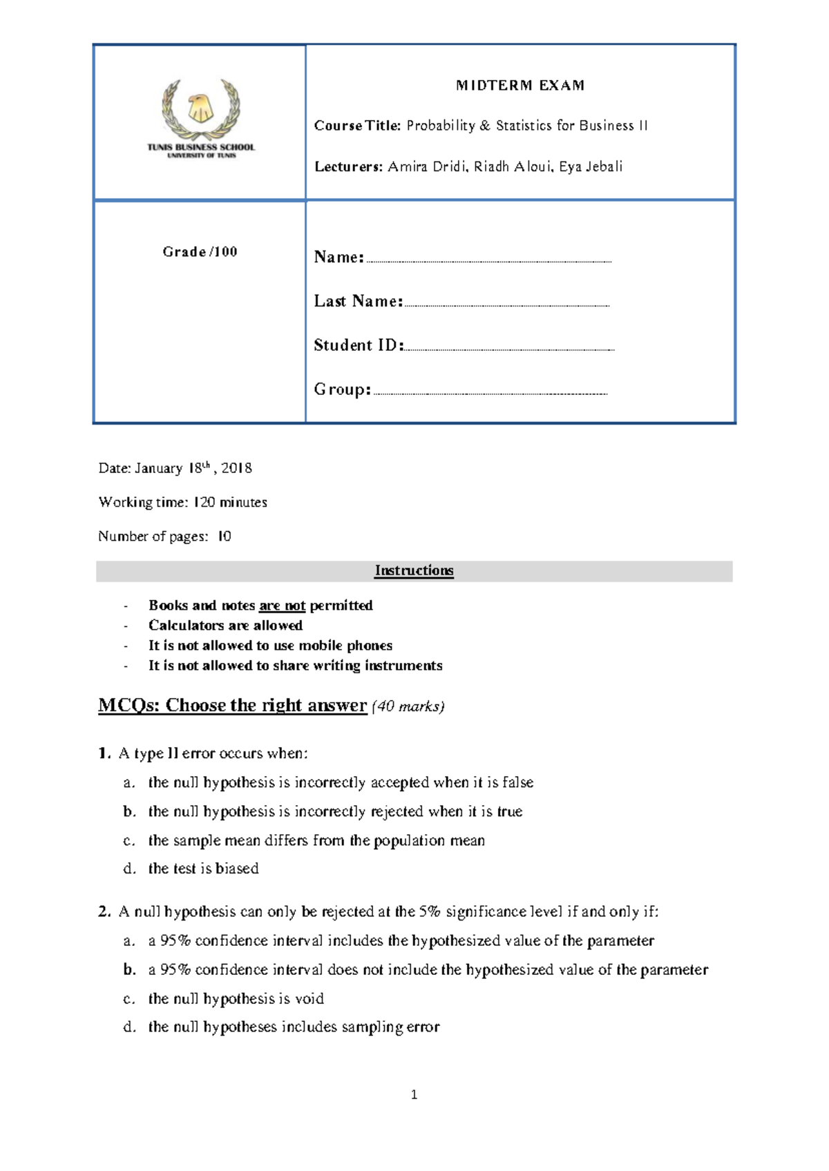 TBS 2018 Final Exam - Lecture Notes on Probability & Statistics II ...