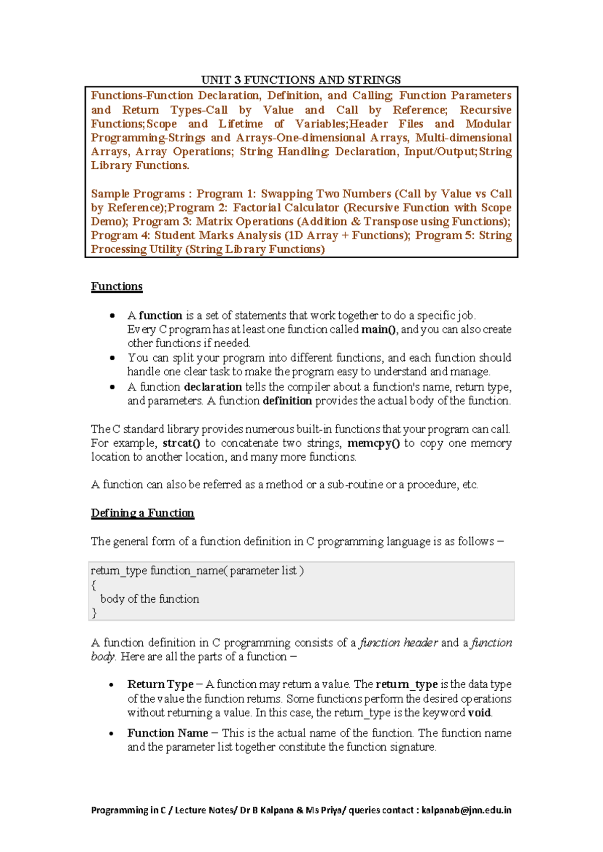 UNIT 3: Functions and Strings - Declaration, Definition, and Usage ...