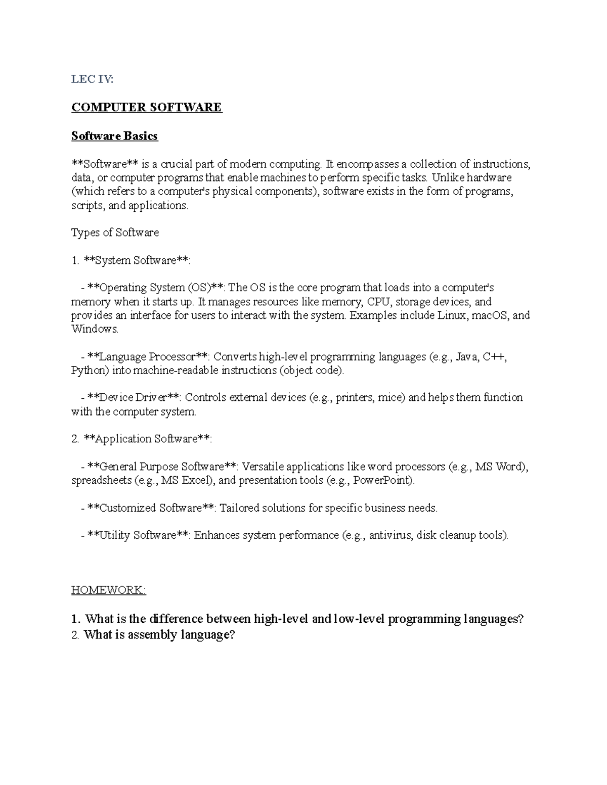 COSC 105 LEC IV - computer software - LEC IV: COMPUTER SOFTWARE ...