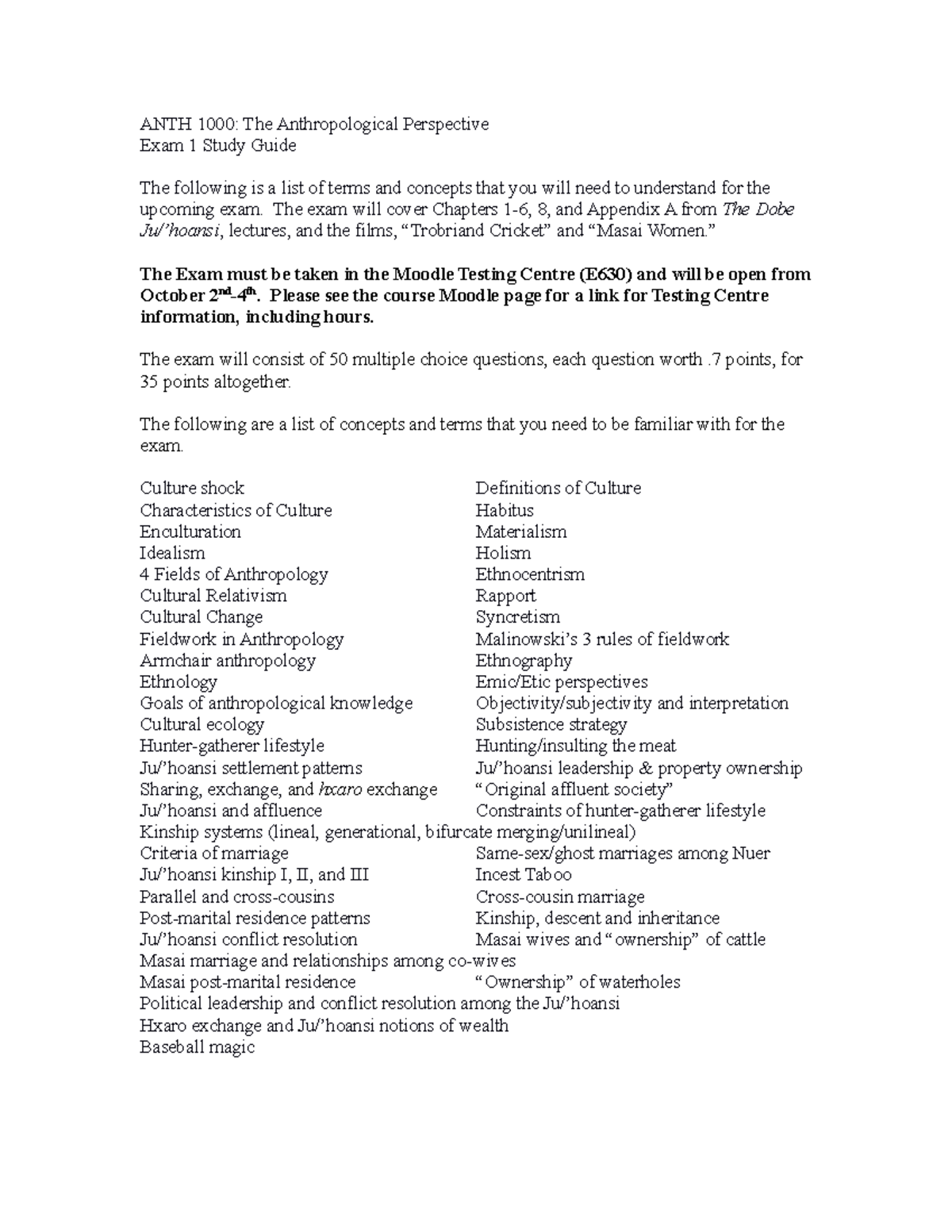 ANTH 1000: Exam 1 Study Guide on Anthropology Concepts & Terms - Studocu