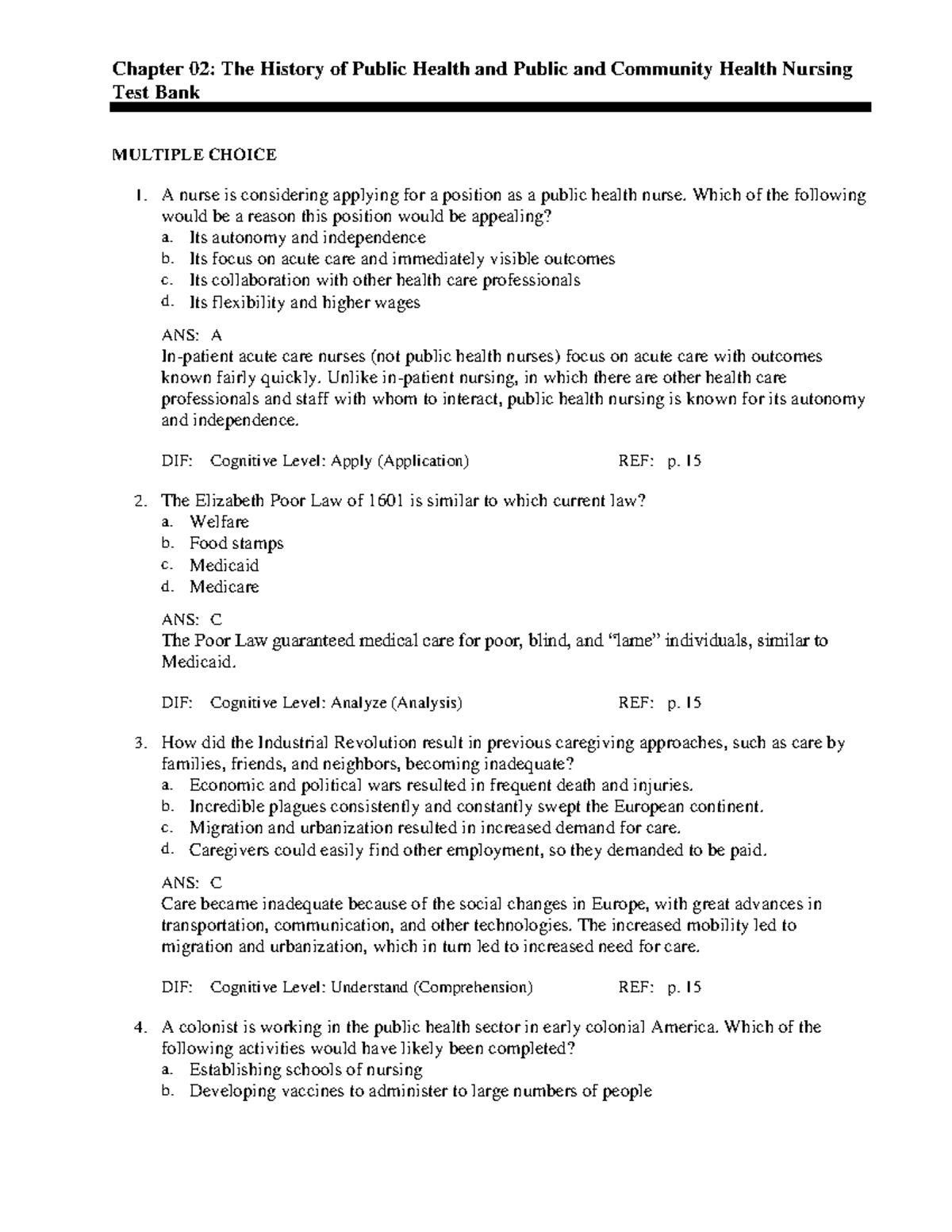 Chapter 02 Test Bank: History of Public and Community Health Nursing ...