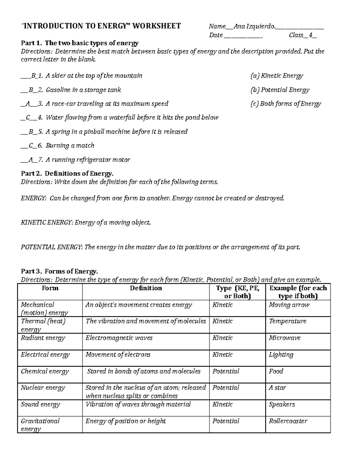 Energy A - Introduction to Energy Worksheet and Key Concepts - Studocu