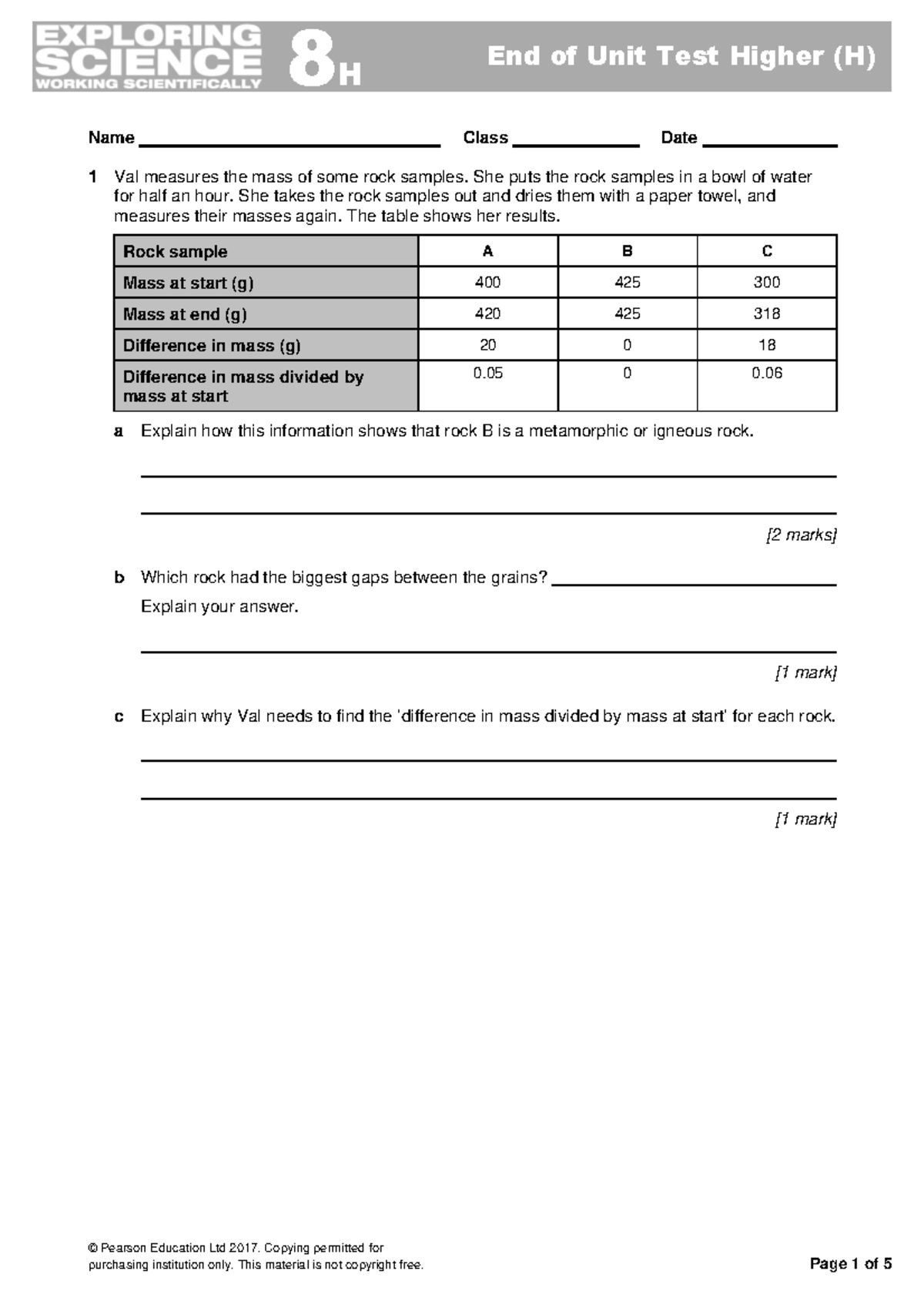8H End of Unit Test: Properties of Rocks and Weathering Effects - Studocu