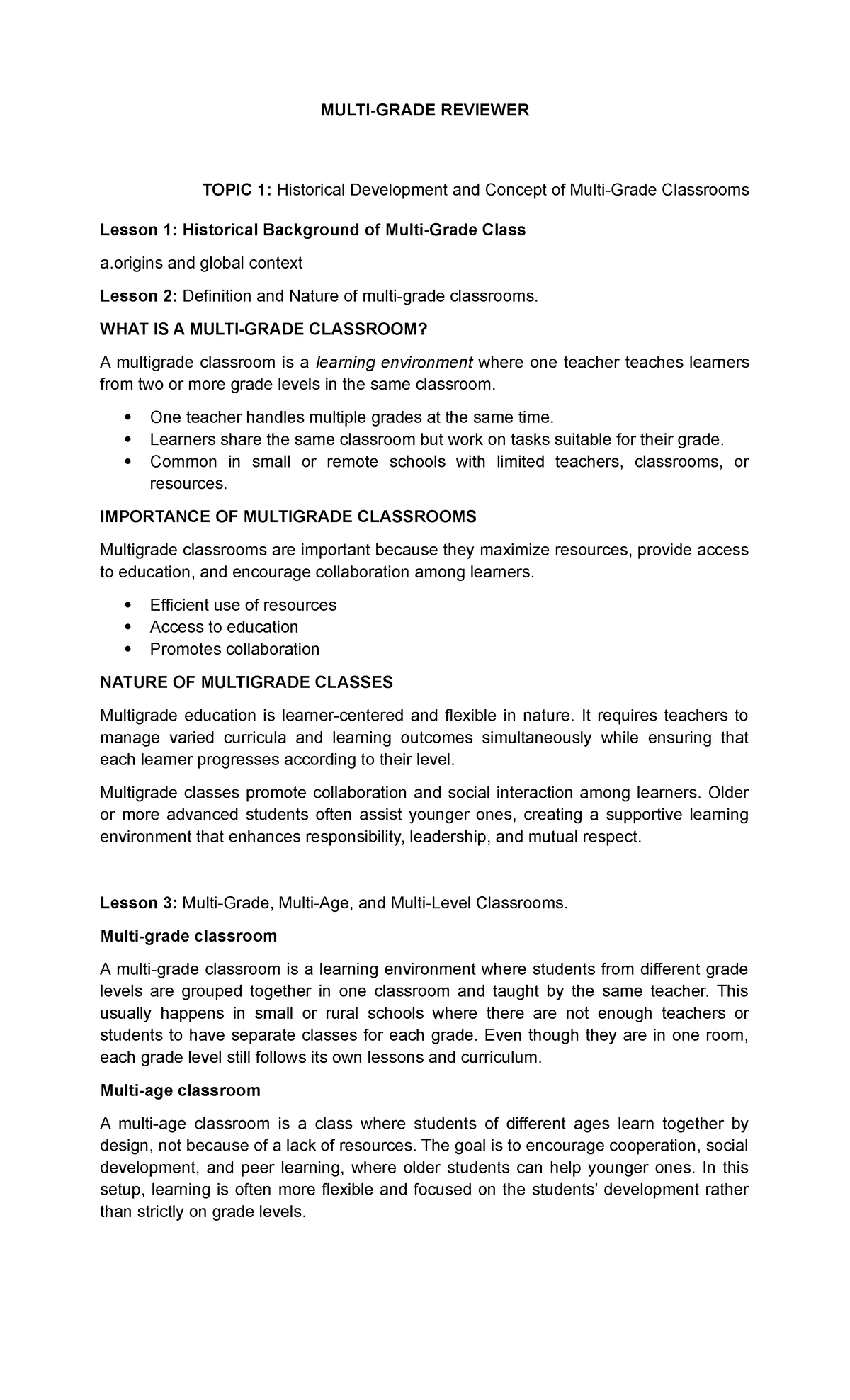 Multi-Grade Classroom Concepts: Historical Development & Types - Studocu