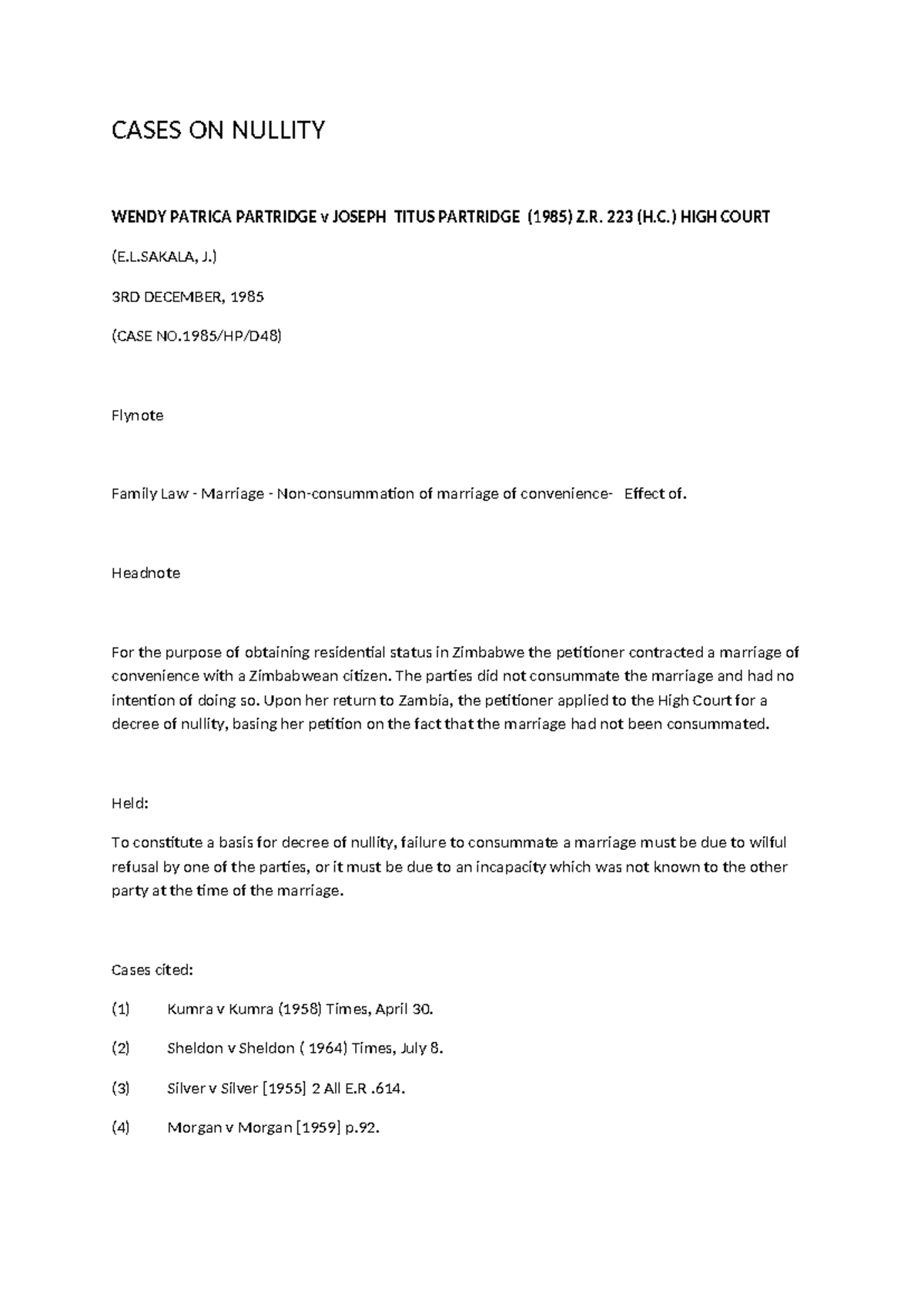 Cases on Nullity: Legal Insights from HP/D Cases in Family Law - Studocu