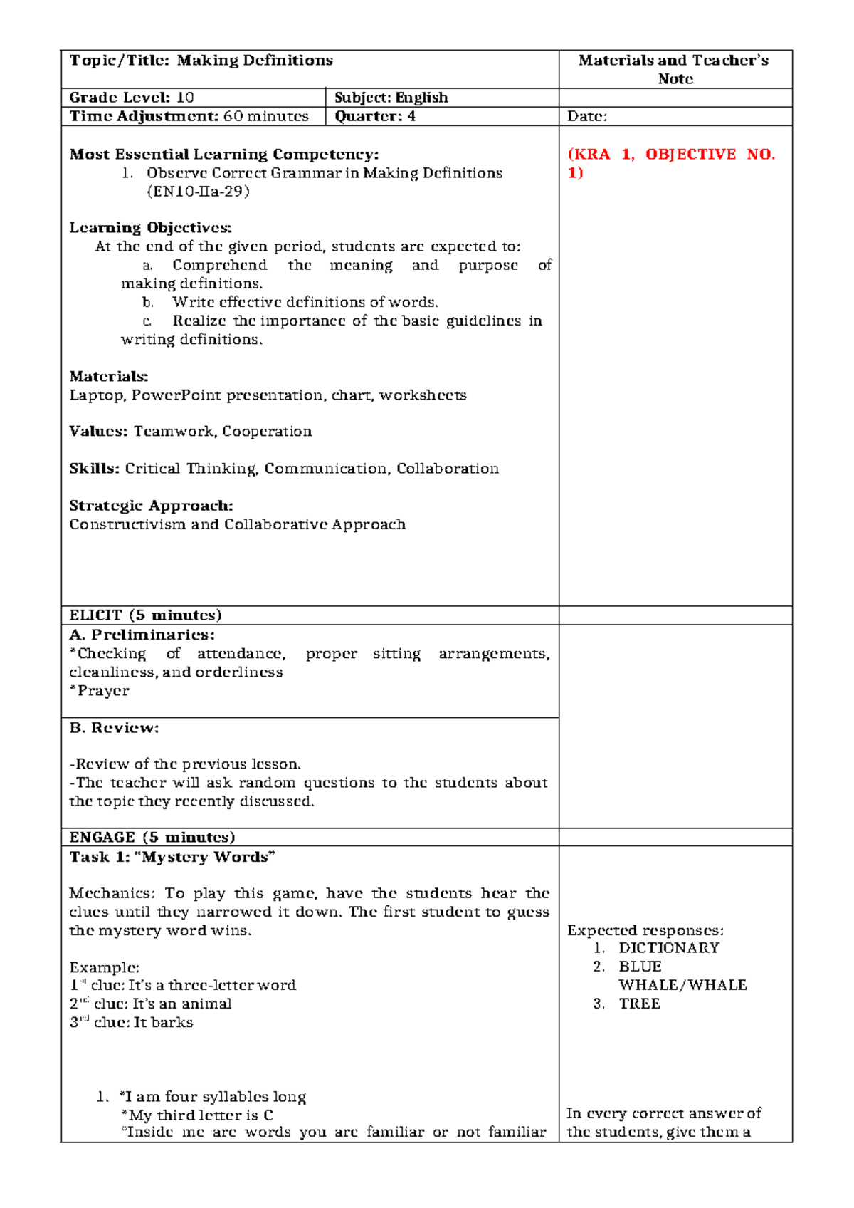 Grade 10 English Lesson Plan: Making Definitions (4th Quarter) - Studocu