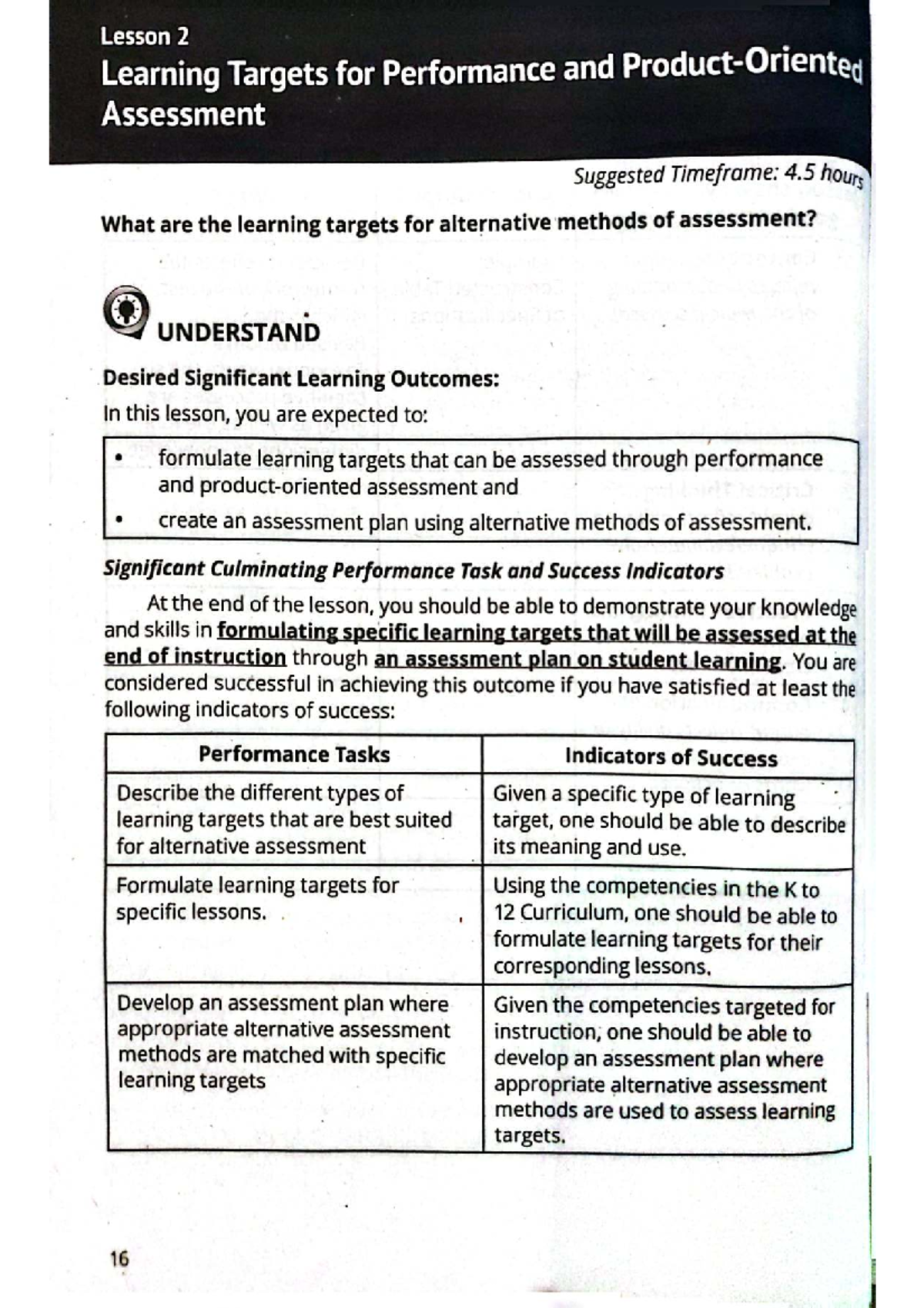 Assessment Plan and Learning Targets for Alternative Methods (EDU 101 ...