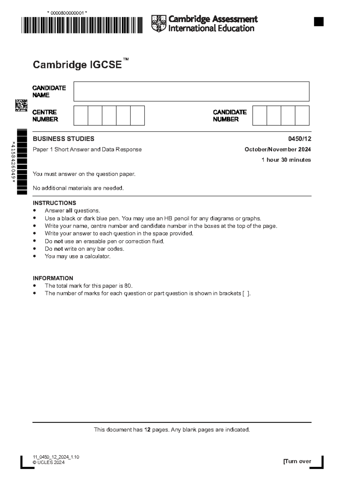 Cambridge IGCSE Business Studies 0450/12 Paper 1 Short Answer & Data ...