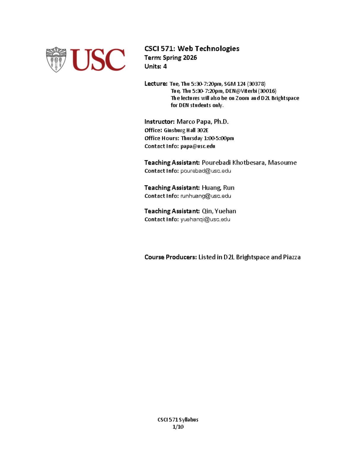 CSCI 571: Web Technologies Syllabus for Spring 2026 - Studocu