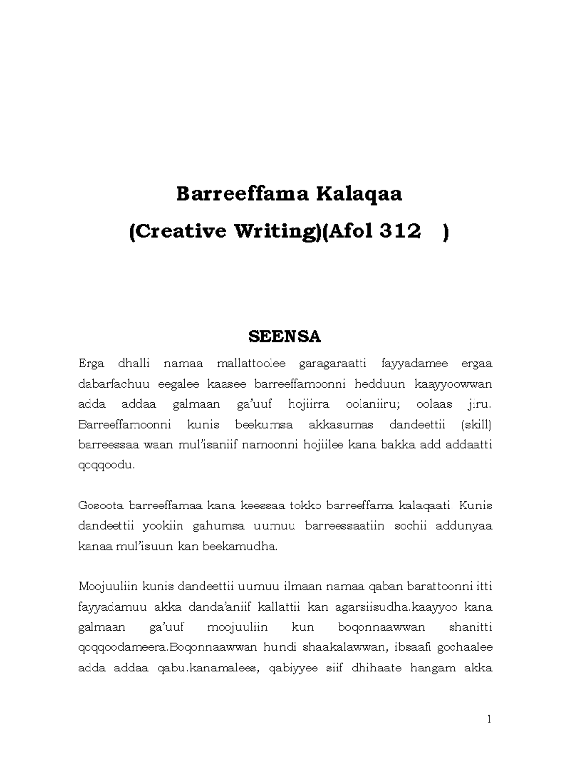 Barreeffama Kalaqaa (Creative Writing) – Afol 312: Yaad-Rimee fi ...
