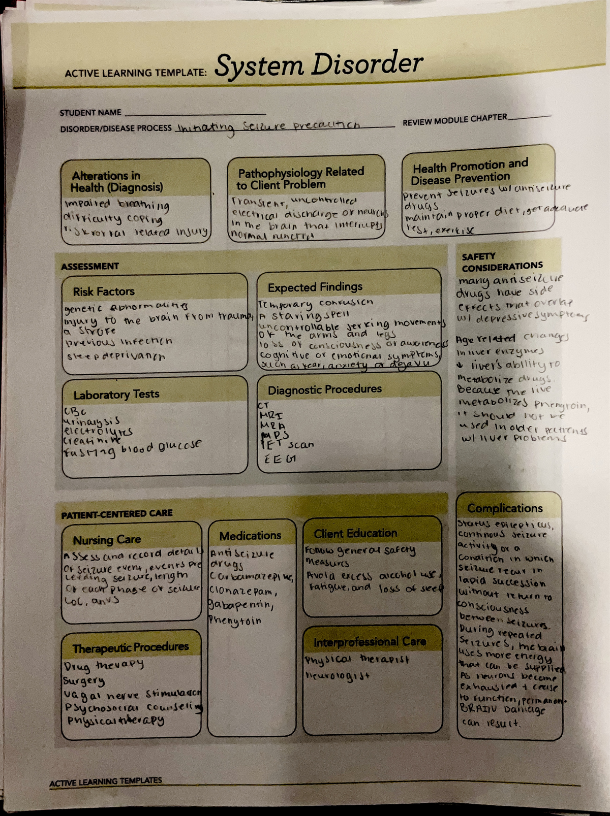 ACTIVE LEARNING TEMPLATE: System Disorder - Seizure Precautions ...