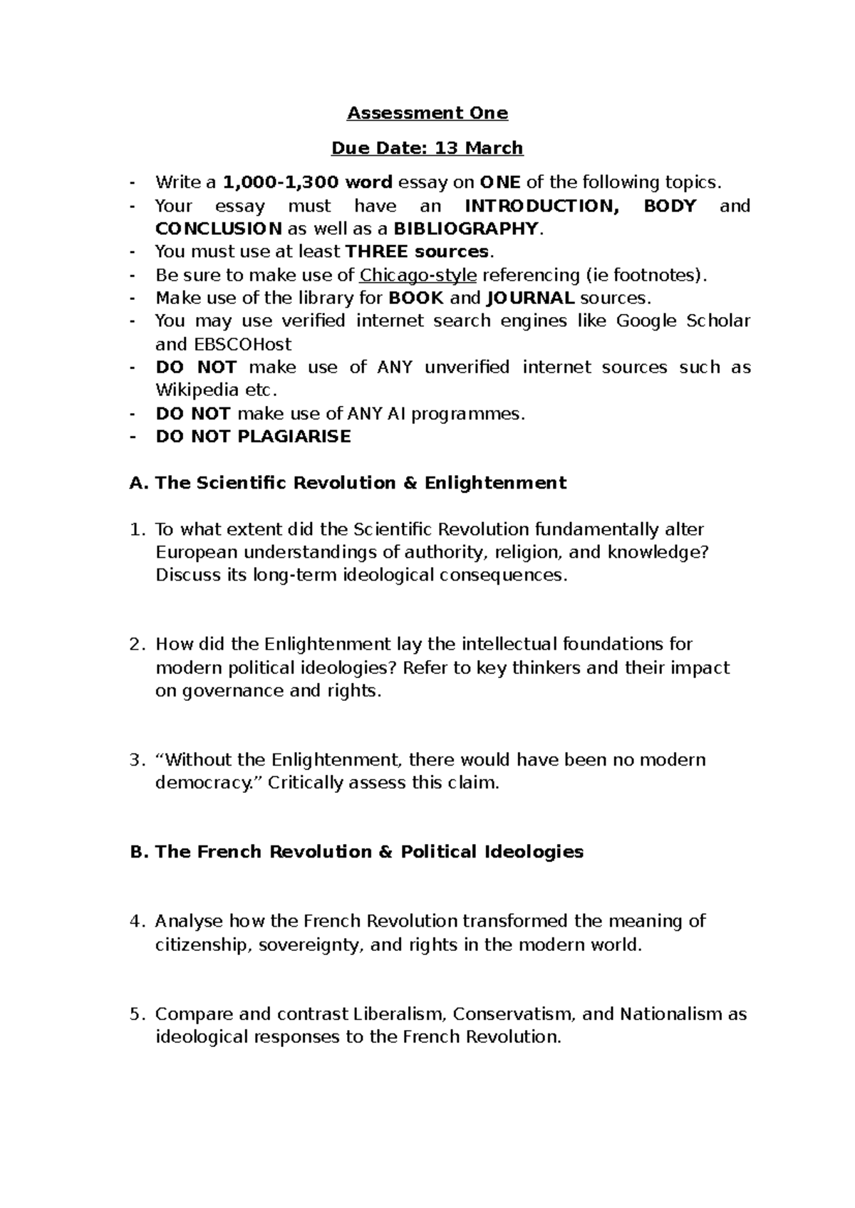 HIST 621 623 Assignment One: Essay Topics & Guidelines - Studocu