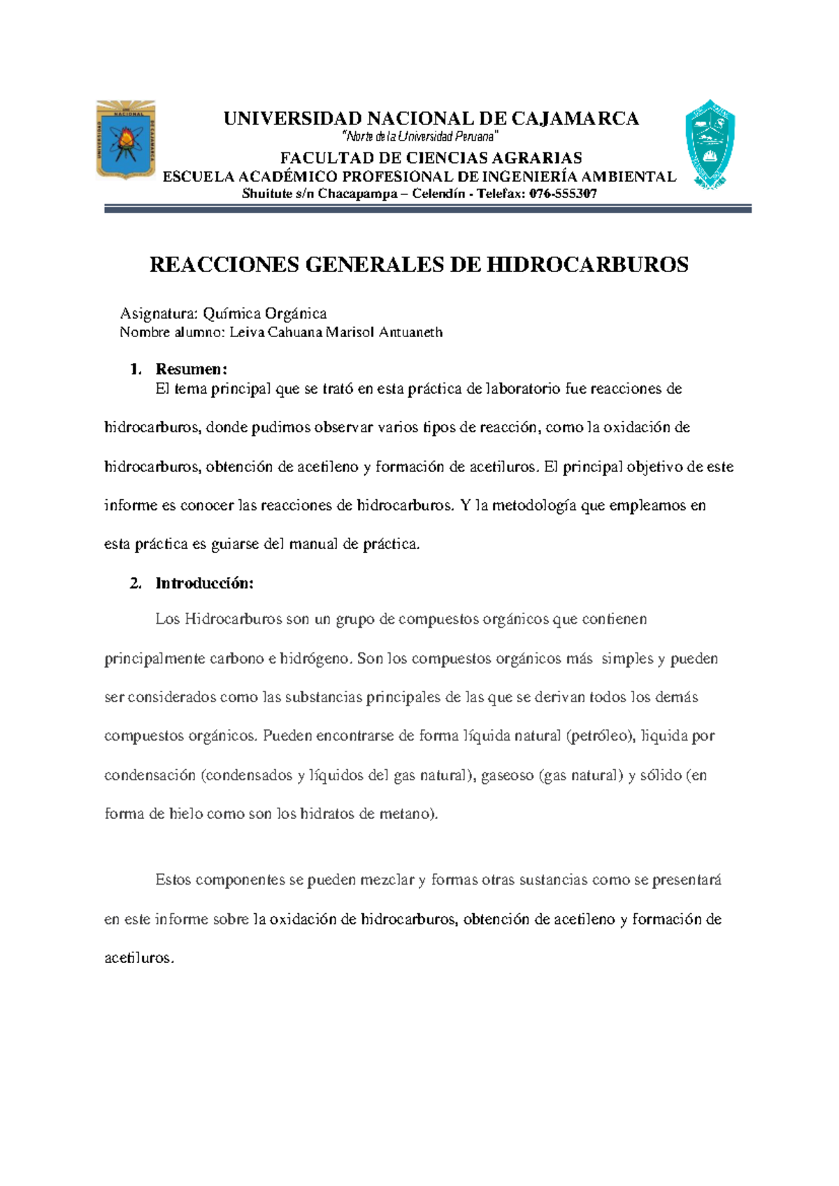 Práctica de Química Orgánica: Reacciones de Hidrocarburos (Química 101) - Document Preview