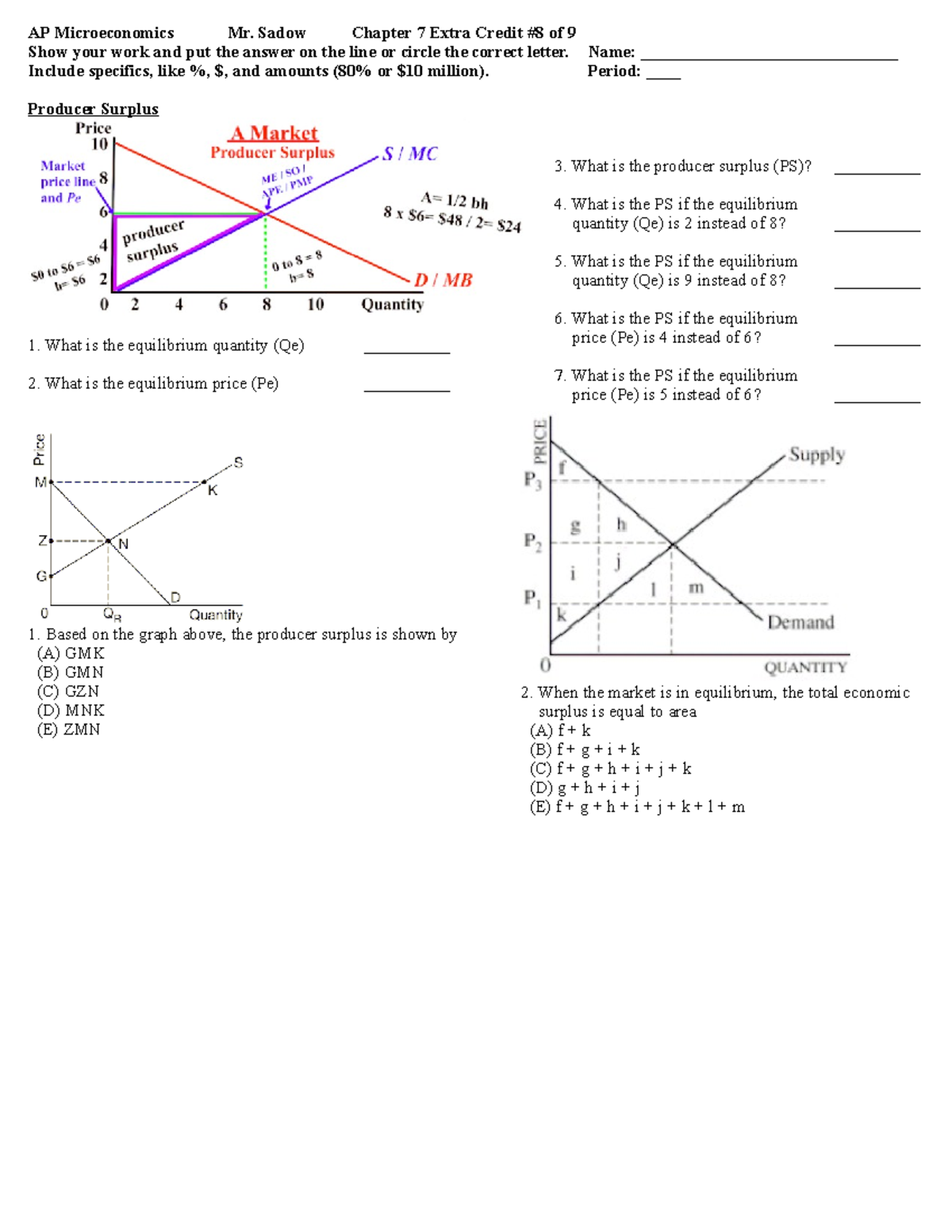 Chap7 extra credit 8 producer surplus - AP Microeconomics Mr. Sadow ...