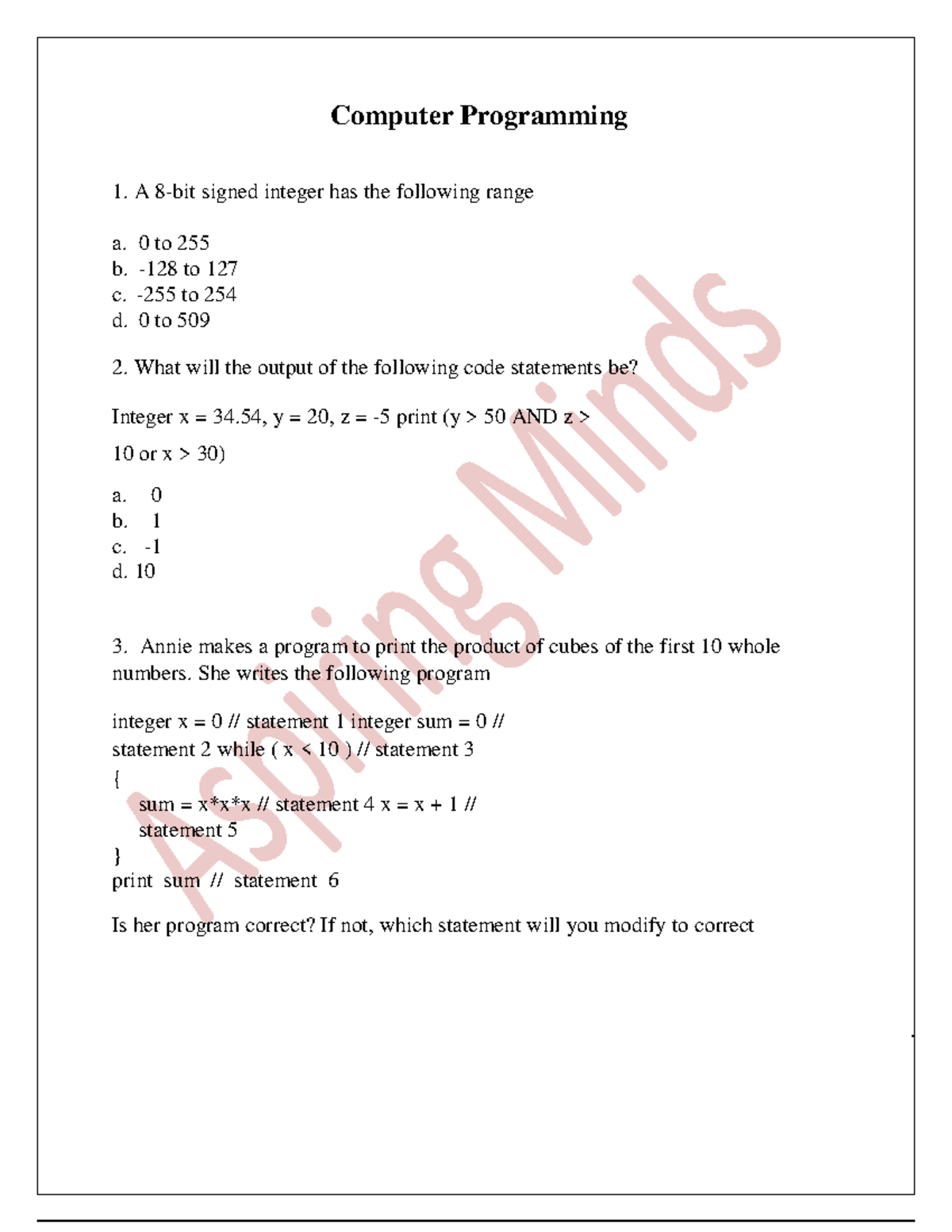 4.1.1 - Sample Questions for Computer Programming 1 Exam - Studocu