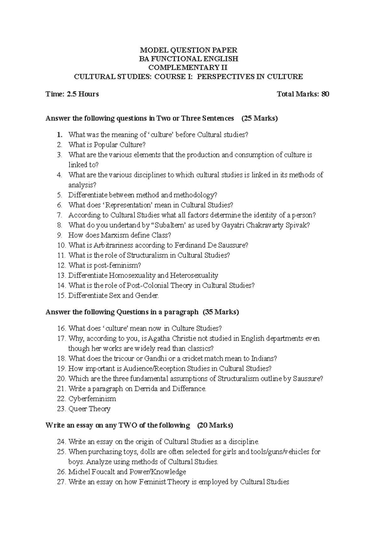 Cultural Studies - BA Functional English Complementary II Question ...