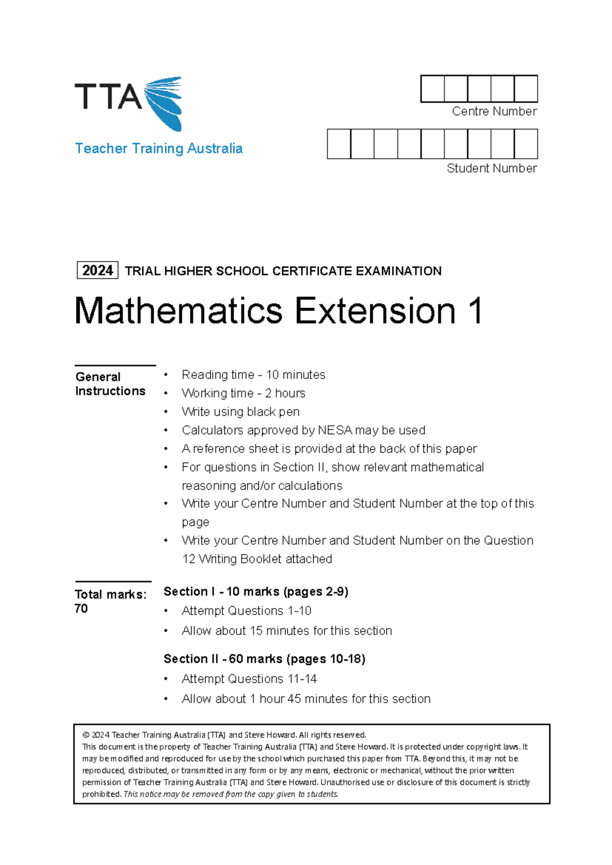 TTA 2024 12EXT1 1 Exam - Mathematics Extension 1 Past Paper - Studocu