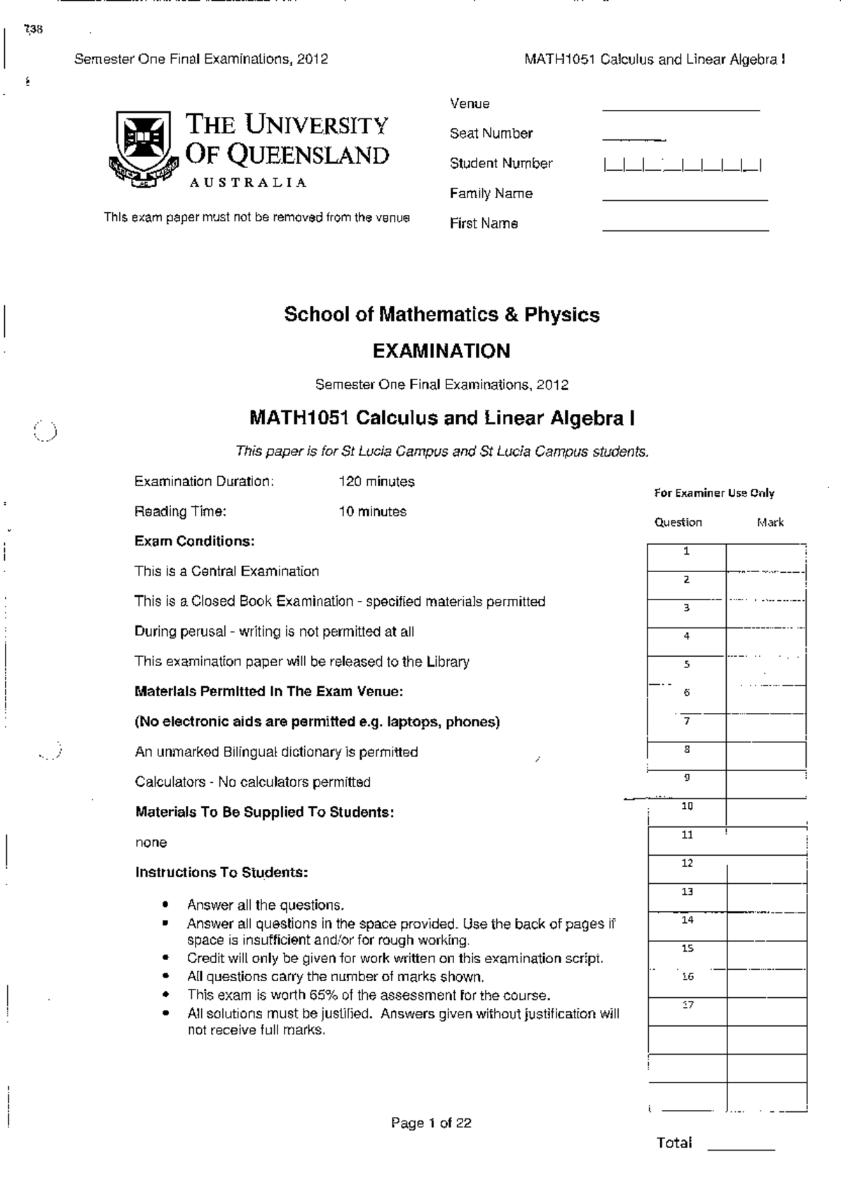 721779 - MATH1051 Past Exam Paper Review and Solutions Guide - Studocu