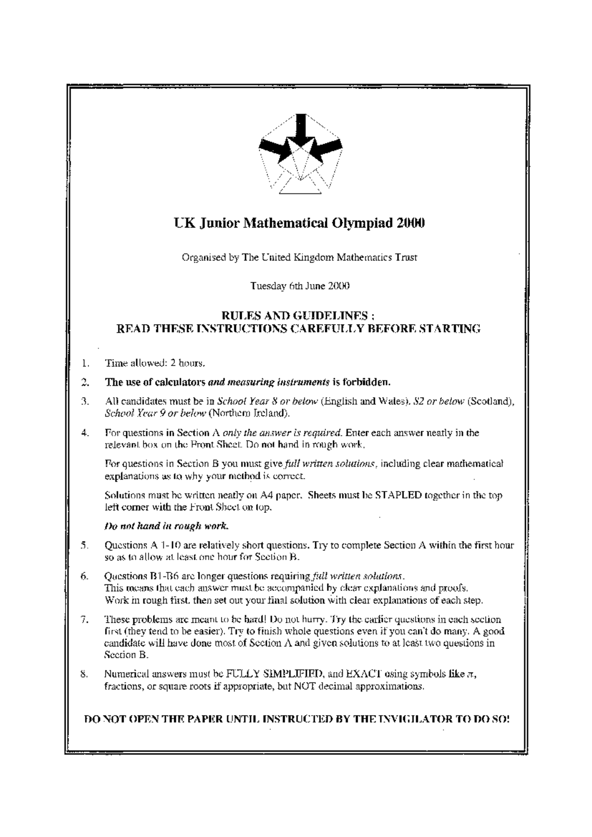 UKMT JMO Qs & Solutions: 2000 Practice Problems & Answers - Studocu