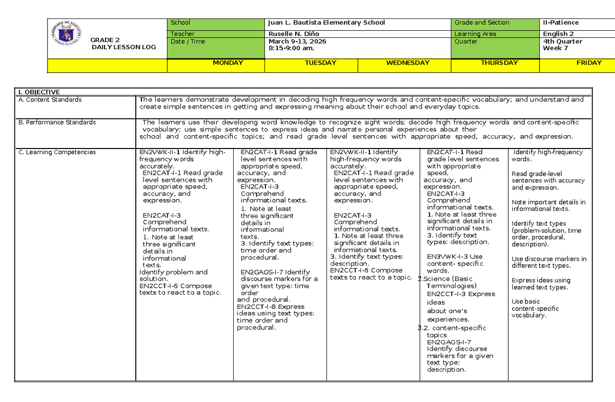 GRADE 2 ENGLISH 4TH QUARTER WEEK 7 DAILY LESSON LOG - Studocu