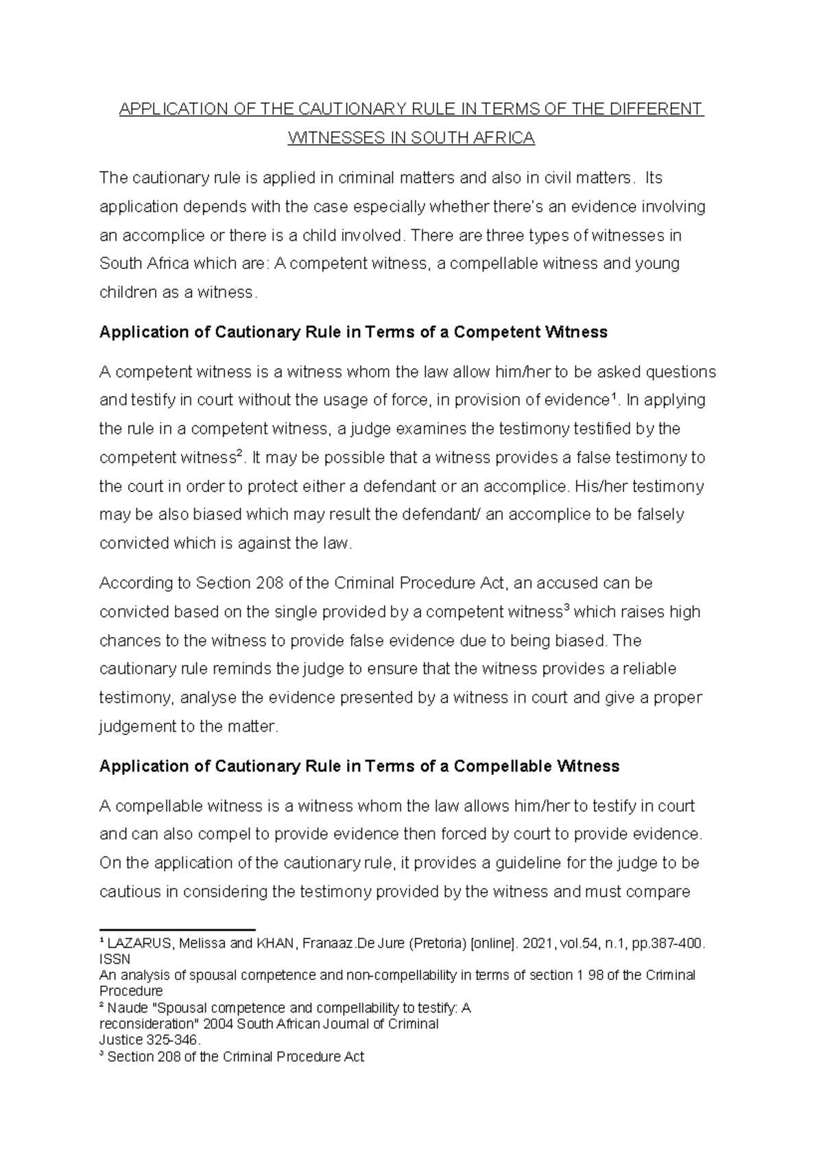 Cautionary Rule Application for Different Witness Types in SA Law - Studocu