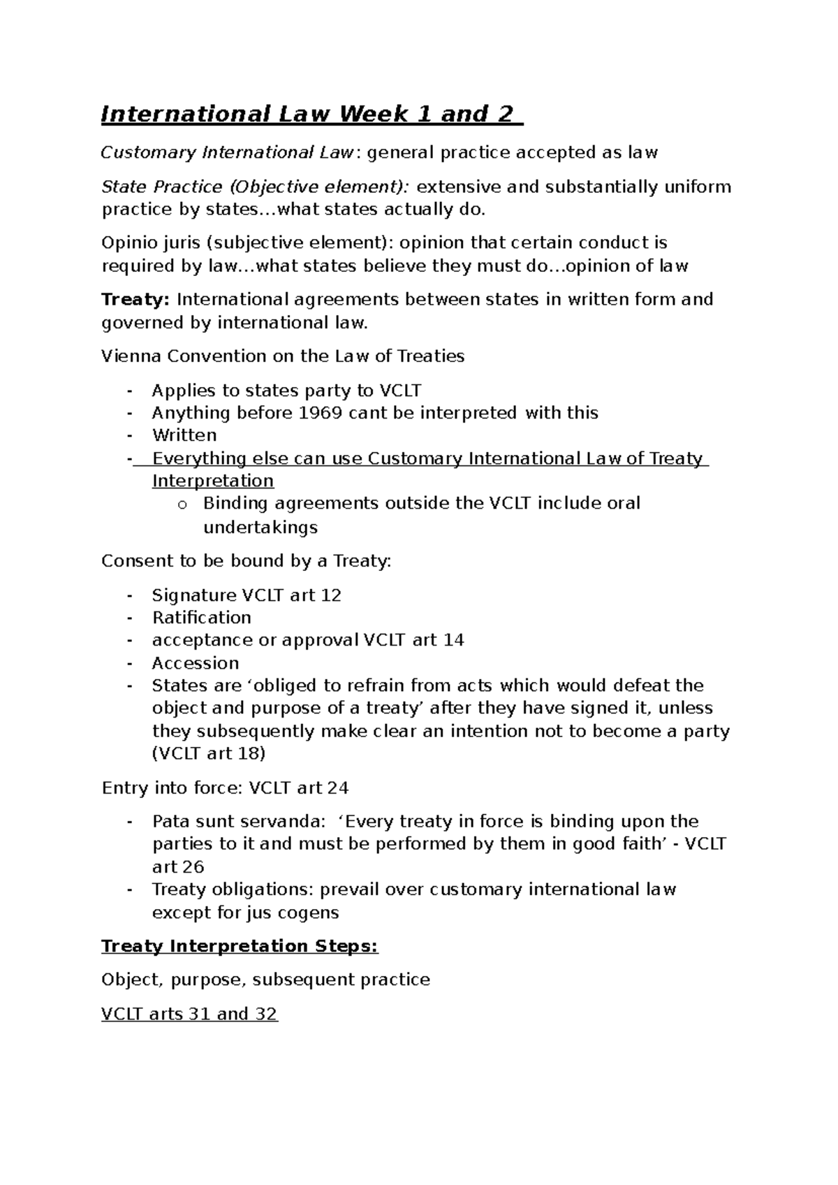 International Law Overview: Weeks 1-8 Summary and Key Concepts - Studocu